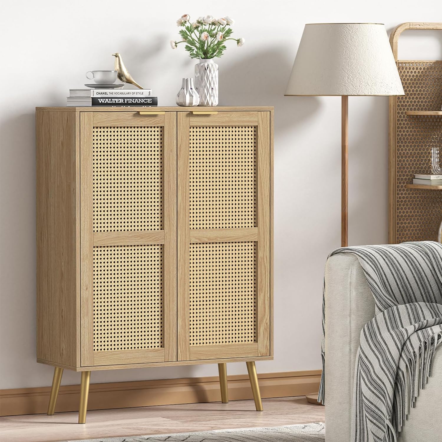 Giluta 44 H Tall Wood Rattan Cabinet, 2 Doors Sideboard Storage Cabinet, Entryway Cabinets, Accent Cabinet with Adjustable Shelves