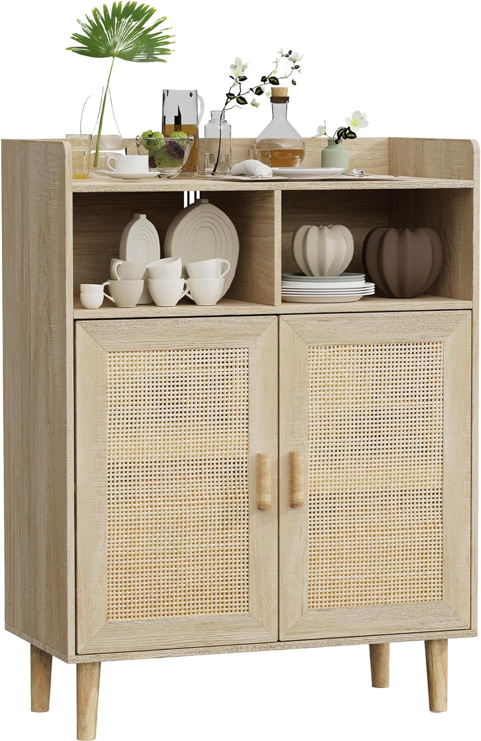 Rattan Cabinet Buffet Sideboard Storage Cabinet with Rattan Decorated Doors Accent Credenza with Adjustable Shelves for Hallway, Entryway, Kitchen Dining Room, Living Room (Natural)