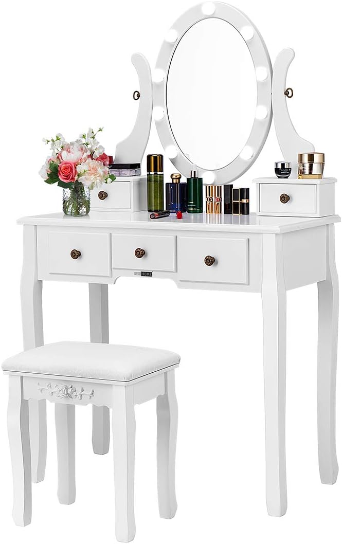 VIVOHOME Makeup Vanity Set with 10 Dimmable LED Bulbs, Dressing Table with 360 Rotating Lighted Mirror and Cushioned Stool, White