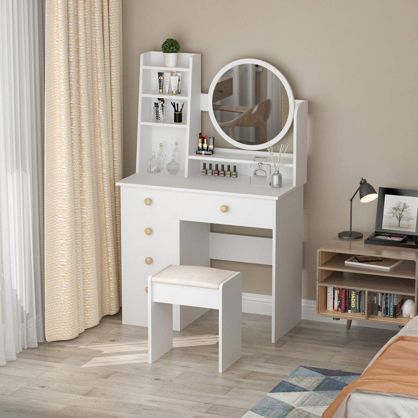 FUFU&GAGA Vanity Set with Round Mirror, Makeup Vanity Dressing Table with 5 Drawers, Shelves, Dresser Desk and Cushioned Stool Set (White)