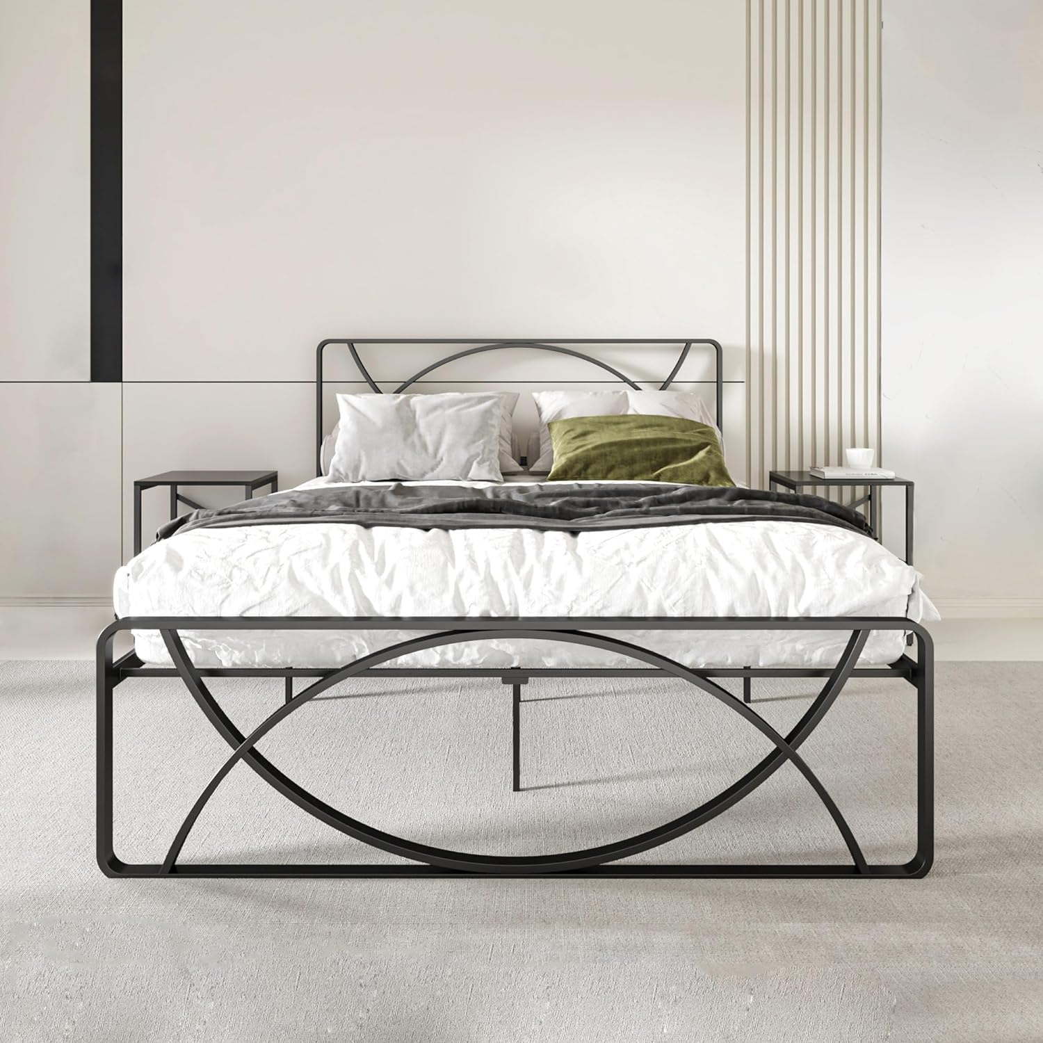 Minimalist Queen Bed Frame with Unique Semicircle Headboard - Platform Bed Frame Queen Size 12 inch Fits Under Bed Storage - Metal Bed Frame Queen No Box Spring Needed Easy Essembly