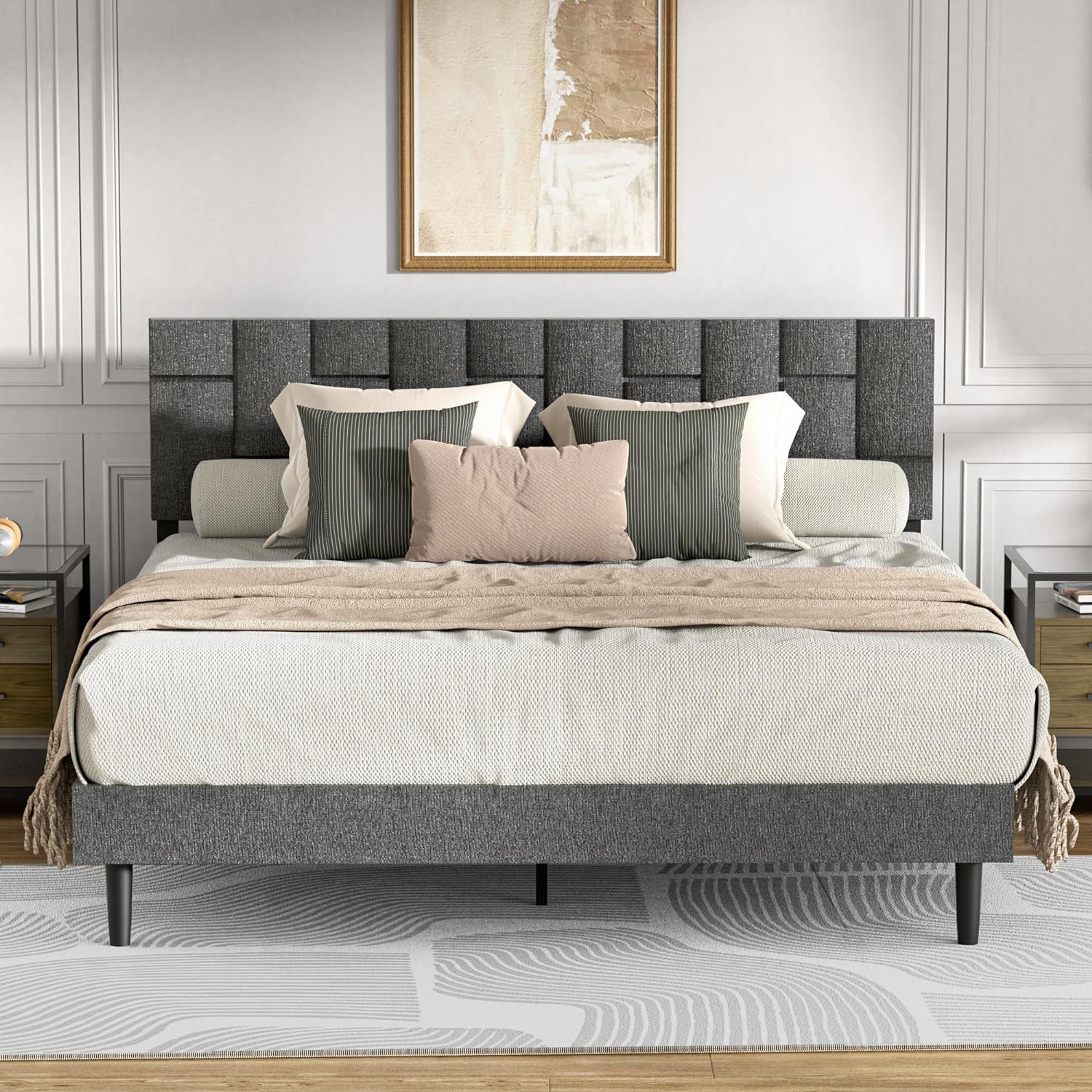 King Size Bed Frame with Geometric Headboard - Upholstered King Bed Frame - Modern King Platform Bed Frame - No Box Spring Needed, Sturdy & Stylish Sleep Solution