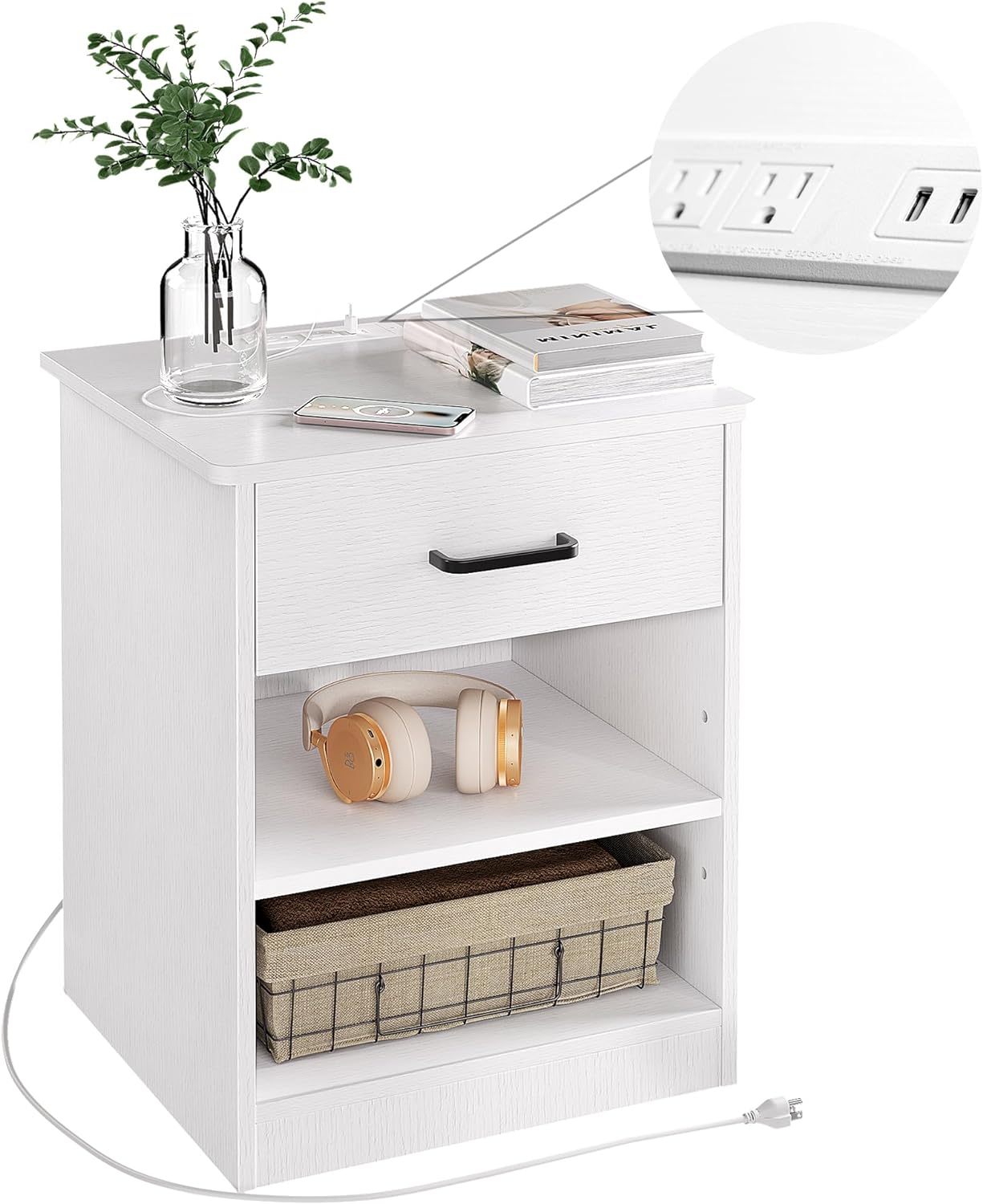 White Nightstand with Charging Station and 2 USB Ports, Wooden Bedside Table with Drawer, End Table with Optional Adjustable Shelf for Bedroom, 6.5 Foot Power Cord