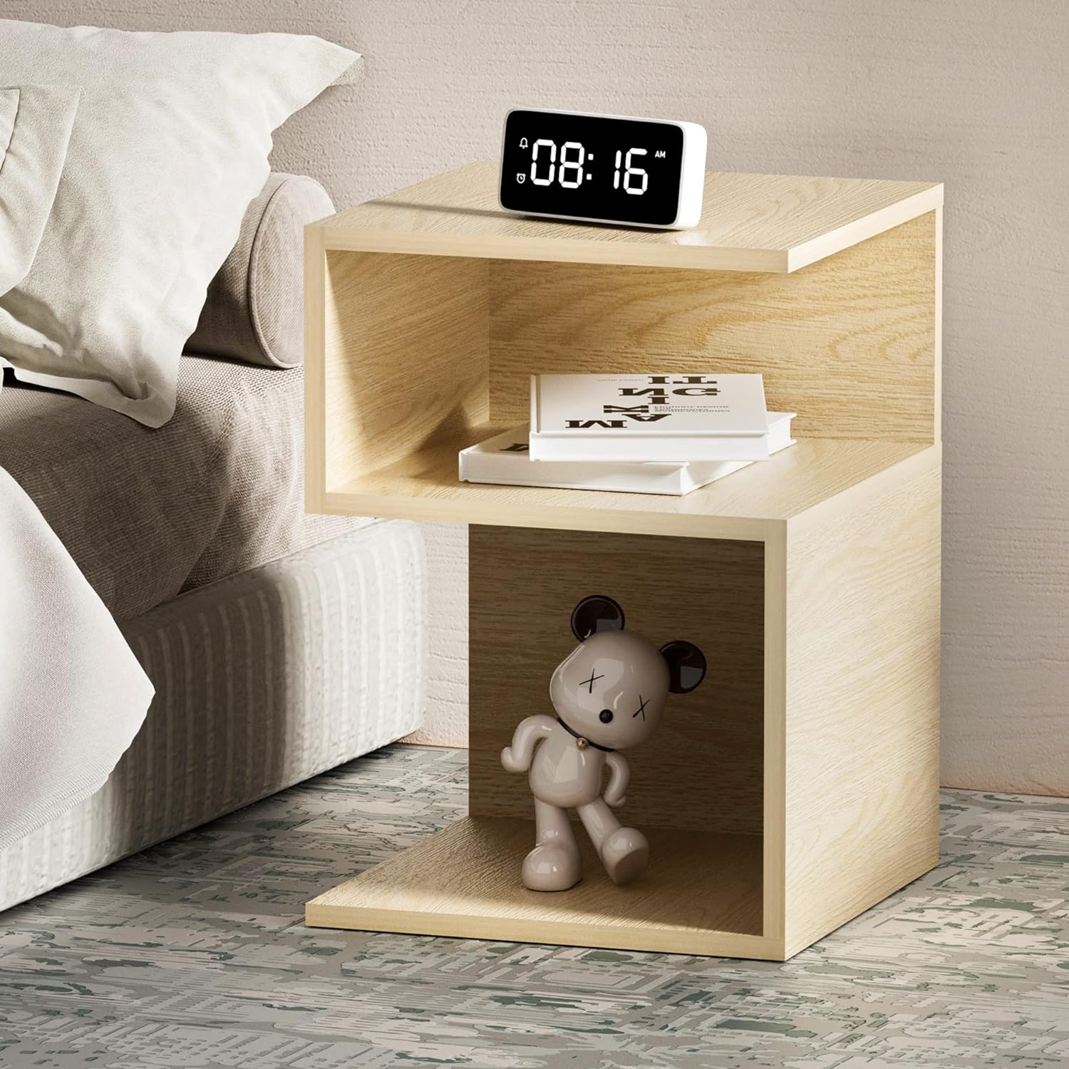 Minimalist 3-Tier Wood Nightstand for Small Spaces with Open Storage - Japanese-Inspired Bedside Table for Bedroom