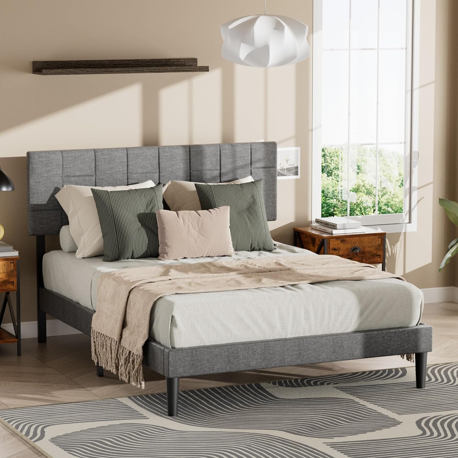 Queen Bed Frame with Geometric Headboard - Upholstered Queen Size Bed Frame - Modern Queen Platform Bed Frame - No Box Spring Needed, Sturdy & Stylish Sleep Solution