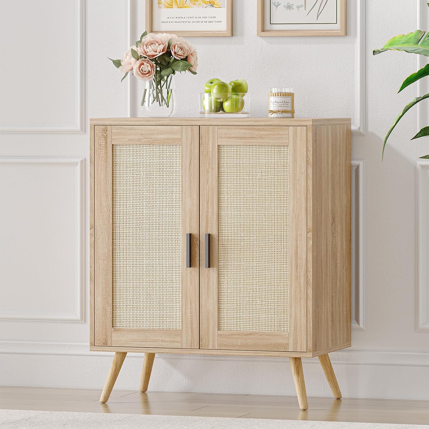 Buffet Cabinet with Storage, Sideboard with Rattan Decorated Doors,Accent Cabinet with Solid Wood Feet,Sideboard Cabinet for Dining Room, Hallway, Cupboard Console Table, Liquor / Accent Cabinet (1)