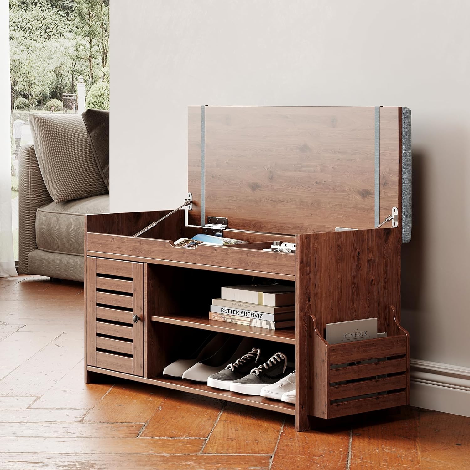 Minimalist Wood Shoe Bench with Concealed Lift-Top Storage, Magazine Holder, and Cushioned Seating  Shoe Cabinet Ideal for Front Door Entrance and End-of-Bed, Walnut