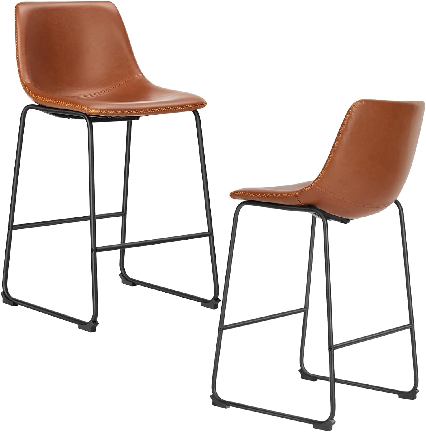 JHK 26 Inch Counter Height Bar Stools Set of 2, Modern Faux Leather High Barstools with Back and Metal Leg, Bar Chairs for Kitchen lsland, Brown