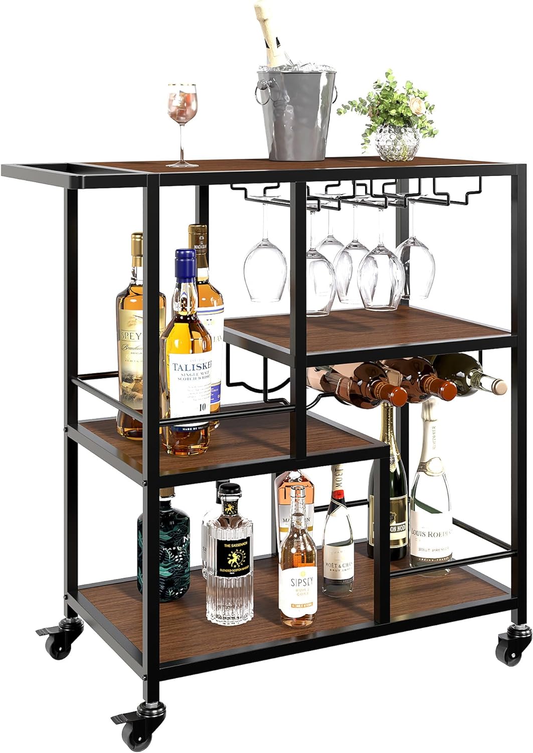 Bar Cart with Wheels, Bar Carts for The Home, Kitchen Cart, Mobile Serving Carts with Wine Rack and Glass Holder, Alcohol Cabinet Table Stand