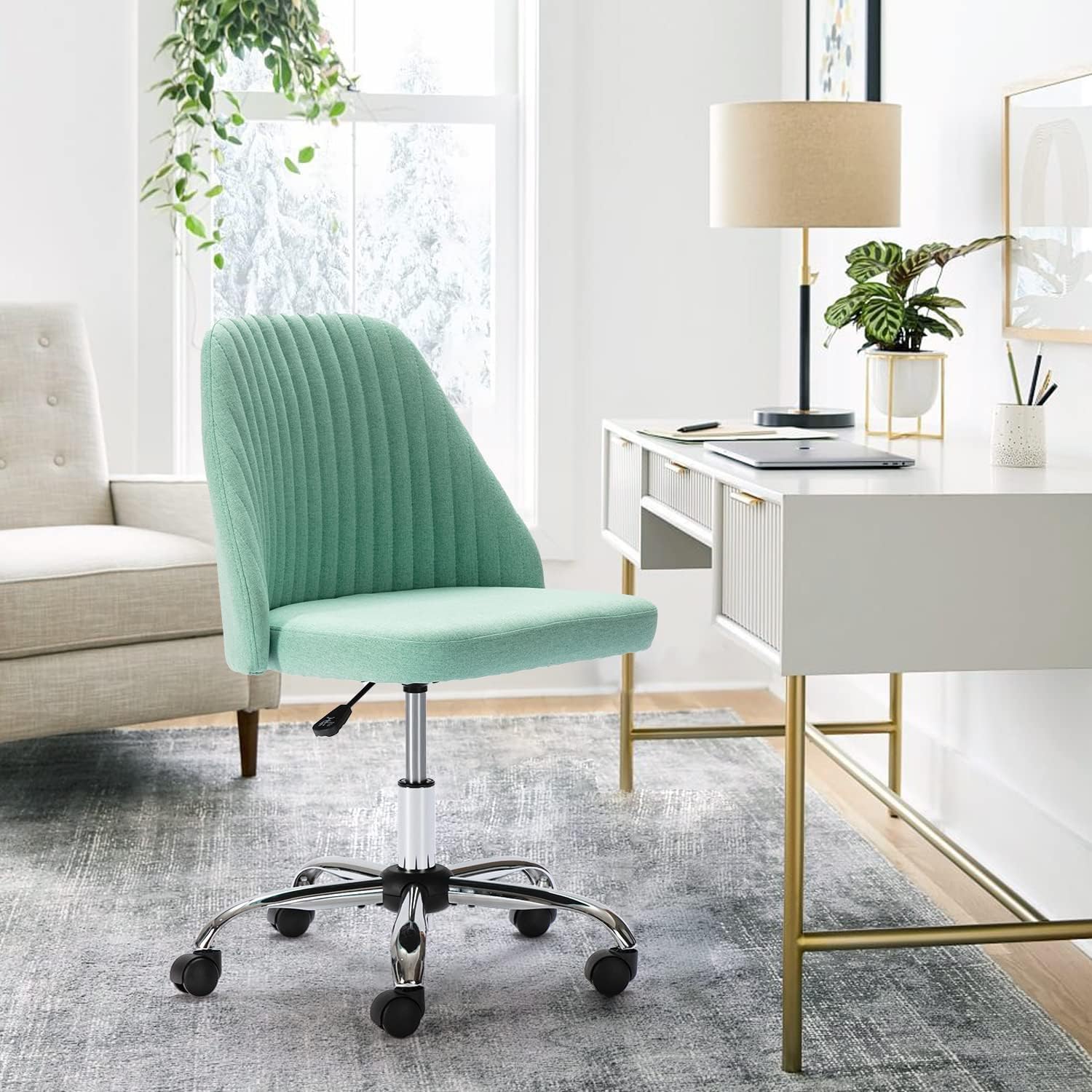 Home Office Desk Chair - Adjustable Rolling Chair, Armless Cute Modern Task Chair for Office, Home, Make Up,Small Space, Bed Room Green