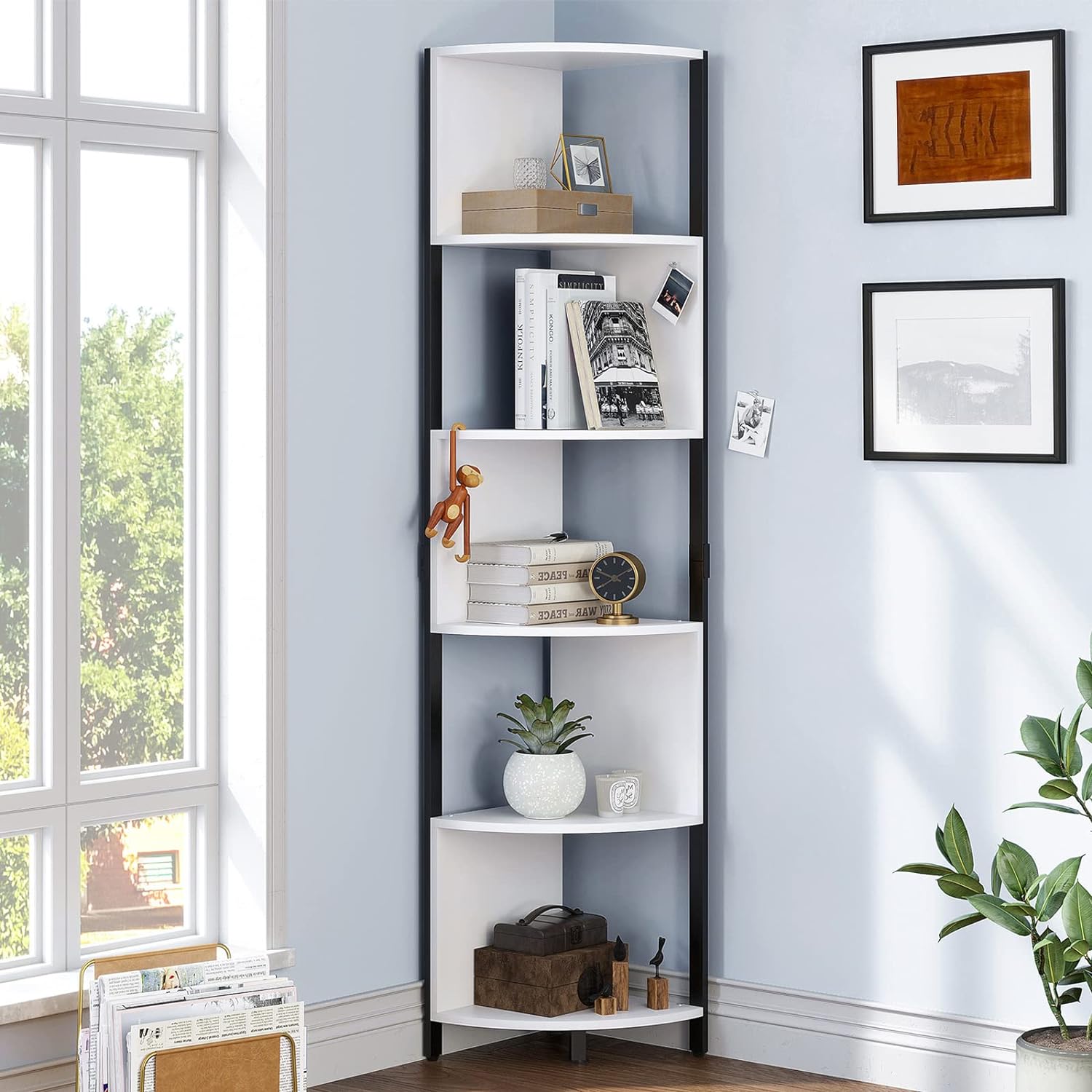 YITAHOME 6-Tier Corner Shelf, 68.8 Tall Modern Free Standing Zigzag Corner Bookshelf, 6 Shelf Display Corner Bookcase Open Small Book Shelves for Living Room, Home Office, Small Space, White