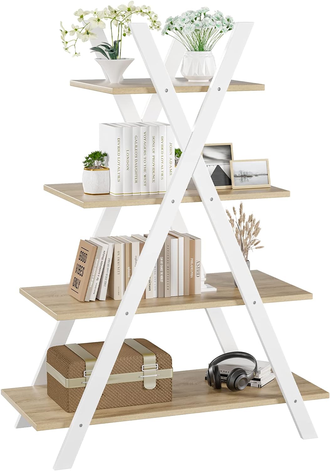 Giantex 4-Tier Bookshelf, 42.5 Tall A-Frame Wooden Ladder Shelf Plant Stand Rack 11 Potted Flower Holder, Easy Assembly X-Shape Freestanding Open Display Storage Shelving Bookcase