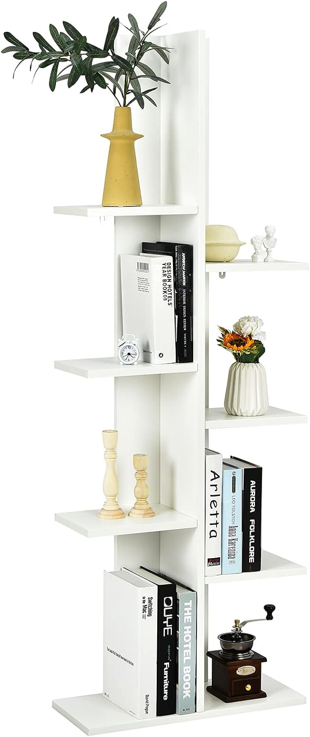 Tangkula 8 Shelf Bookshelf, Wooden Tree Bookcase with 8 Book Shelf, 20 x 8 x 55.5 Inch, Freestanding 8 Tier Storage Display Shelf with Anti-toppling, Corner Shelf for Living Room Home Office (White)