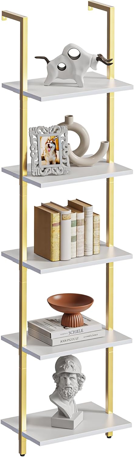 SUPERJARE 5 Tier Bookshelf, Narrow Book Shelf with Open Display Shelves, Small Bookcase with Metal Frame for Bedroom, Living Room, White and Gold