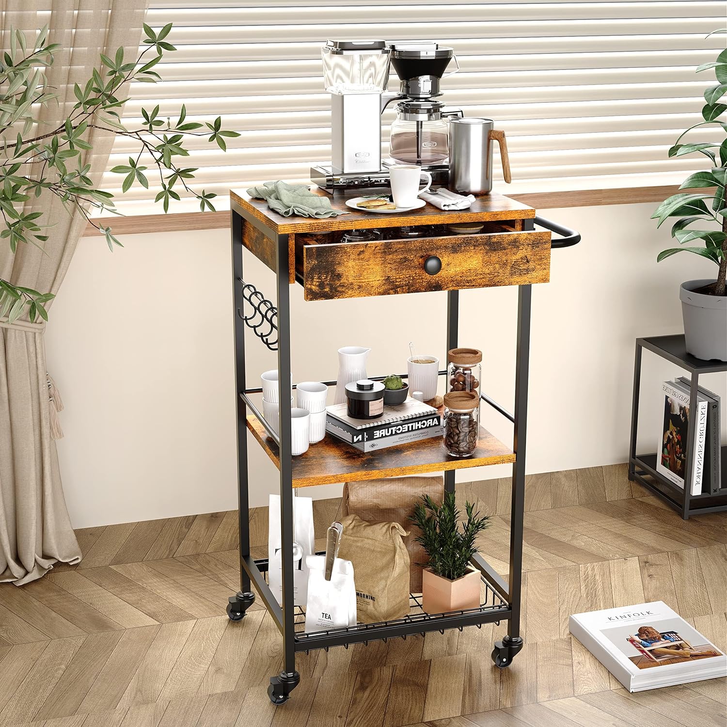 Premium Bar & Coffee Cart: Rolling Kitchen Island with Microwave Stand on Wheels, Spacious Storage Drawer - Perfect for Compact Homes & Small Apartments