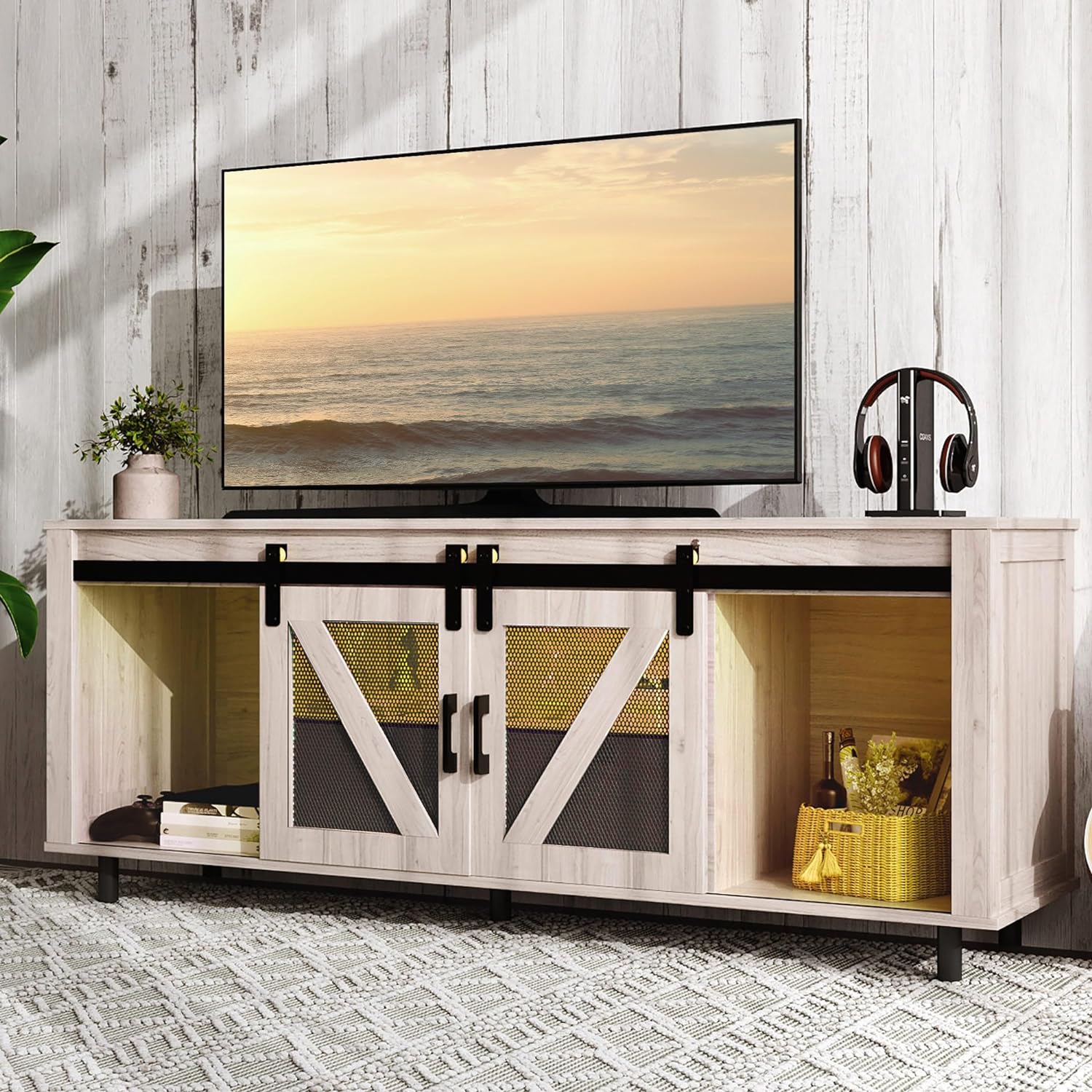 Farmhouse TV Stand for Living Room, Entertainment Center with Storage, 50 60 65 inch TV Table, Modern Television Console