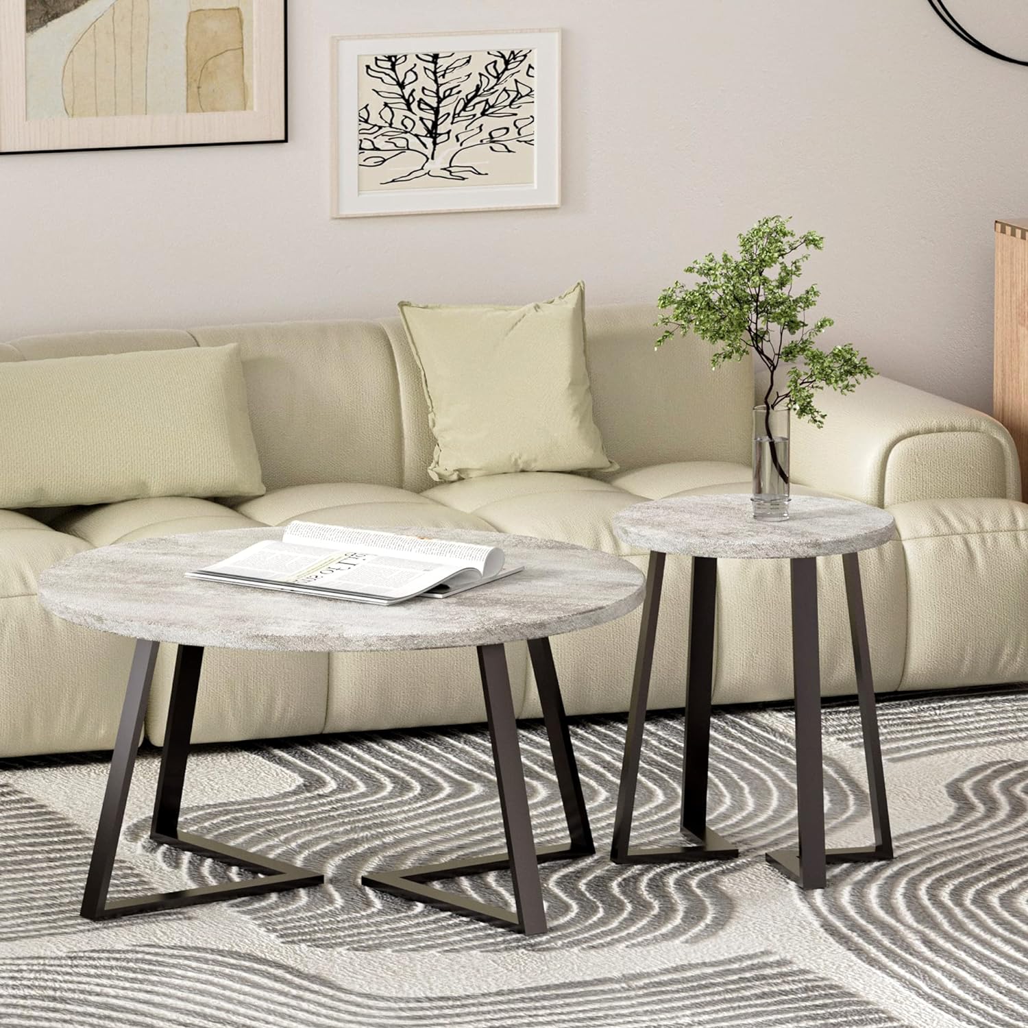 Minimalist Round Coffee Table and end Table Sets - Nesting Coffee Table for Living Room Bedroom Set of 2 - Concrete-Colored Top Coffee Table and Side Table Sets