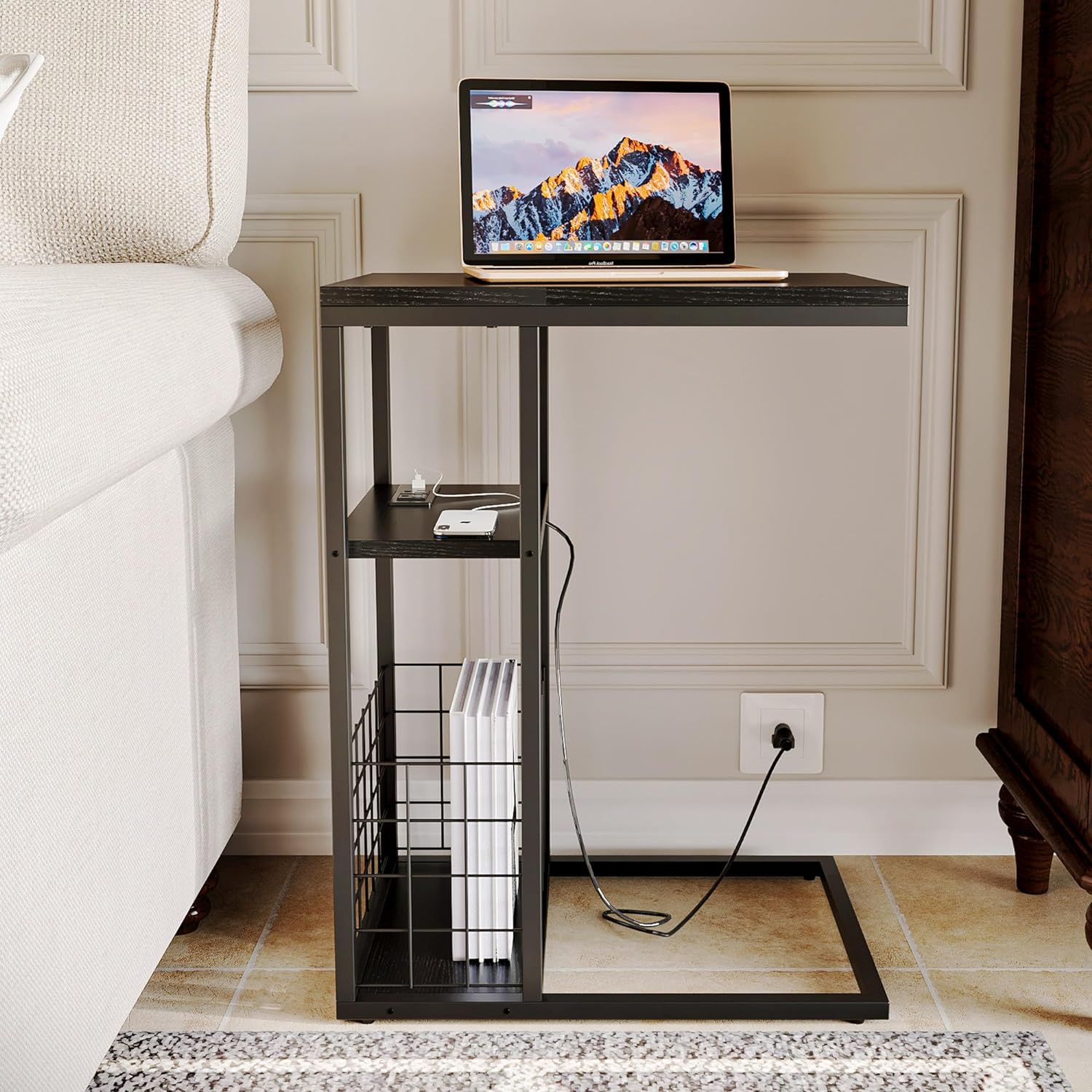 C Shaped End Table, Sofa Table, Couch Table, Bedside Tables, Includes Charging Station with 2 Power Outlets and 2-5V1A USB-A Ports, Slides Under Couch, Black top