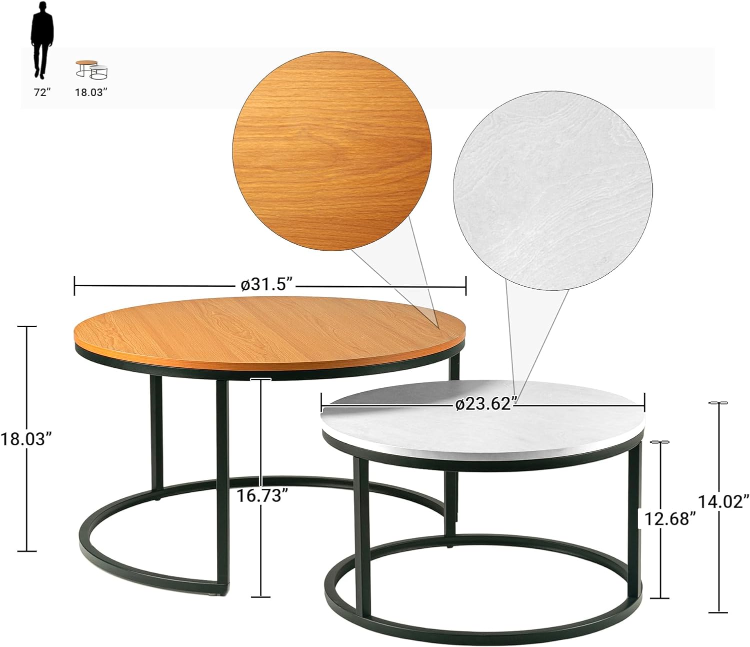 31.5'' Modern Round Nesting Coffee Tables (Set of 2), Stacking Living Room Accent Tables with Industrial Wood Finish & Metal Frame, Brown/White Tops, Space-Saving, Easy Assembly & Cleaning