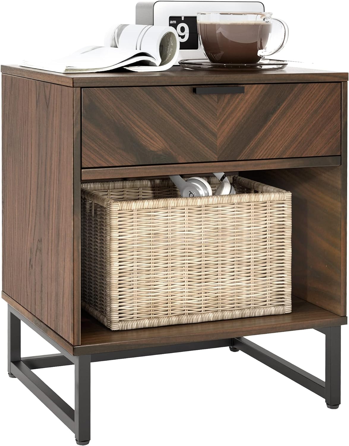 Walnut Nightstand with 1 Upper Drawer, Enclosed Bottom, Bedside Table, 1 Unit - Modern Nightstand, Small Side Table with Storage, Living Room Tables, End Table, Walnut