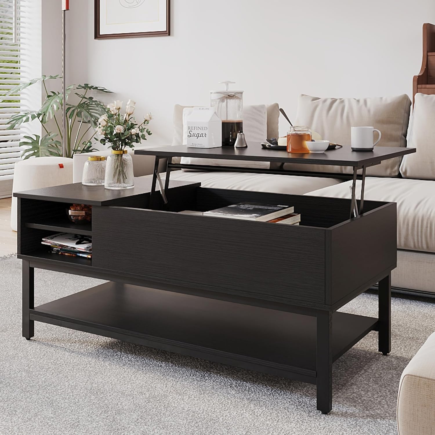 Transforming Coffee Table with Lift Top & Storage - 42 Black Coffee Table with Dining Table Height - Ideal for Small Spaces and Apartments & Living Room