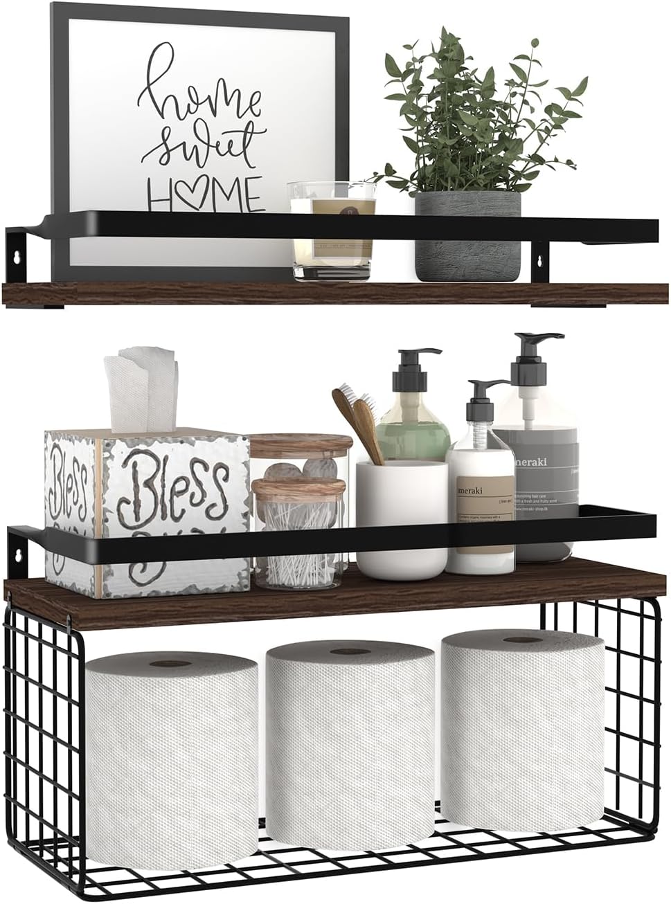 Floating Shelves, Rustic Bathroom Shelves Over Toilet with Paper Storage Basket - Wood Farmhouse Wall Mounted Floating Shelf for Bathroom Bedroom Wall Decor Living Room Kitchen (2-Brown)