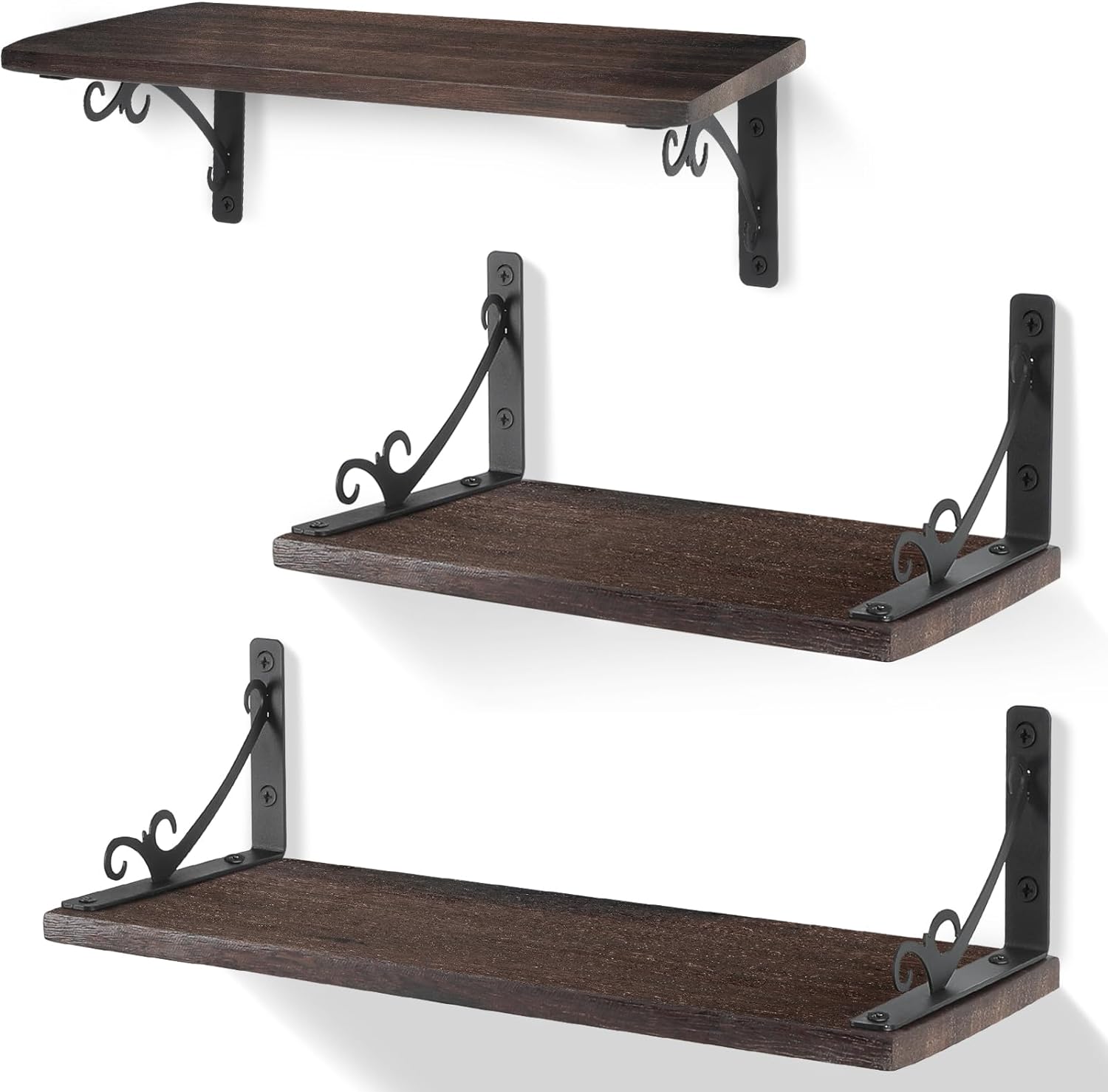 Rustic Wood Floating Shelves, Hanging Shelf for Wall Decor, Storage Books Rack for Living Room, Bathroom, Kitchen and Bedroom (BlackSet of 3)