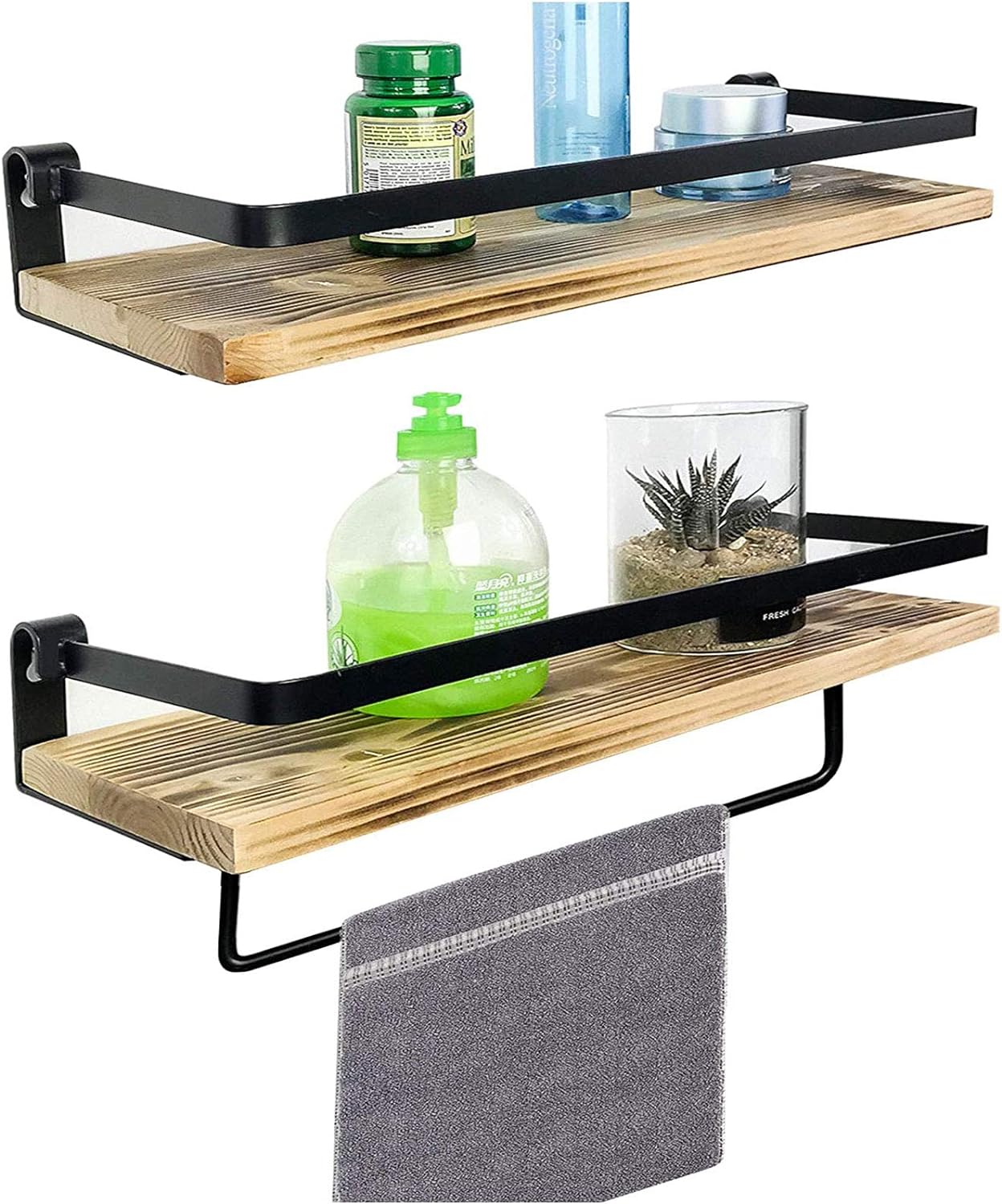 Floating Shelves for Wall Mounted with Rails Decorative Storage Shelves for Kitchen, Bathroom, Matte Black Metal Frame - Set of 2