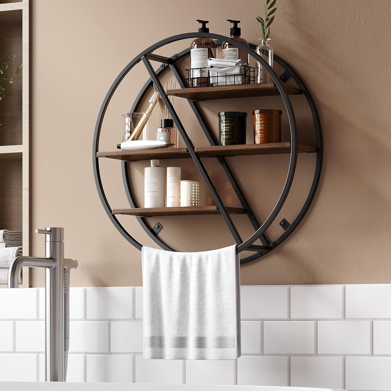 23.6 Round Wall Shelf Wood Circular Floating Shelves for Wall Shelves - Metal Round Floating Shelf for Bathroom Decor - Living Room, Bedroom, Kitchen Round Floating Shelves for Wall