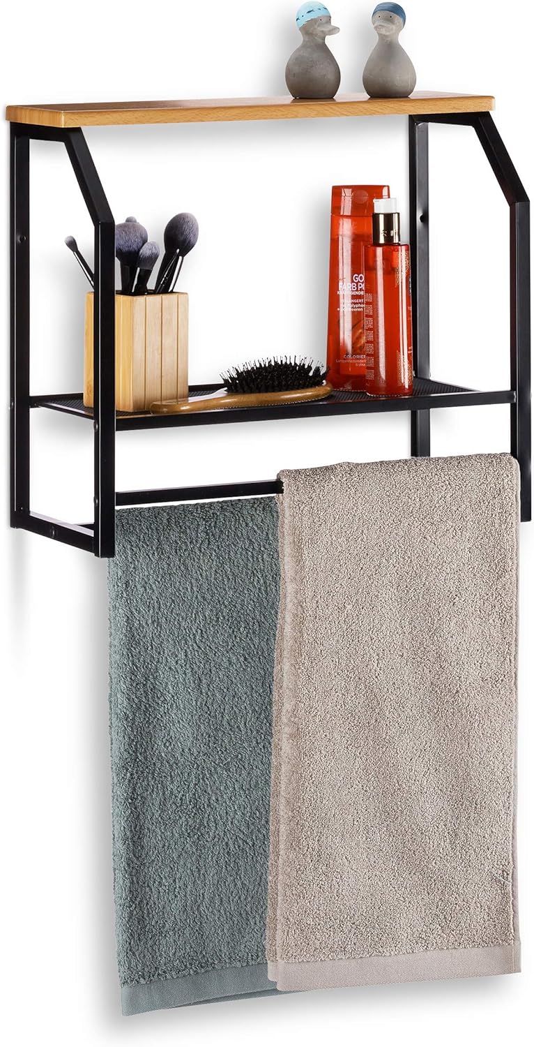 Floating Wall Shelf with Towel Rail, Iron Kitchen or Bathroom Rack, 2 Tiers, Black, H x W x D: 41x45x23cm