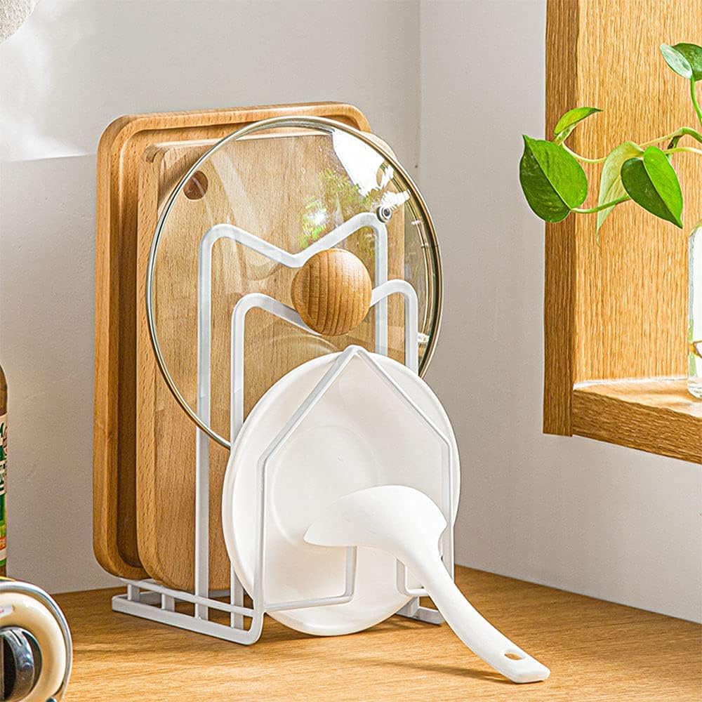 SUNFCON Cutting Board Holder Rack 2 Adhesive 304 Stainless Steel Hanging Hooks Pot Pan Lids Holder Chopping Board Organizer Thin Bakeware Tray Dry Display Stand Kitchen Countertop Cabinet Office White