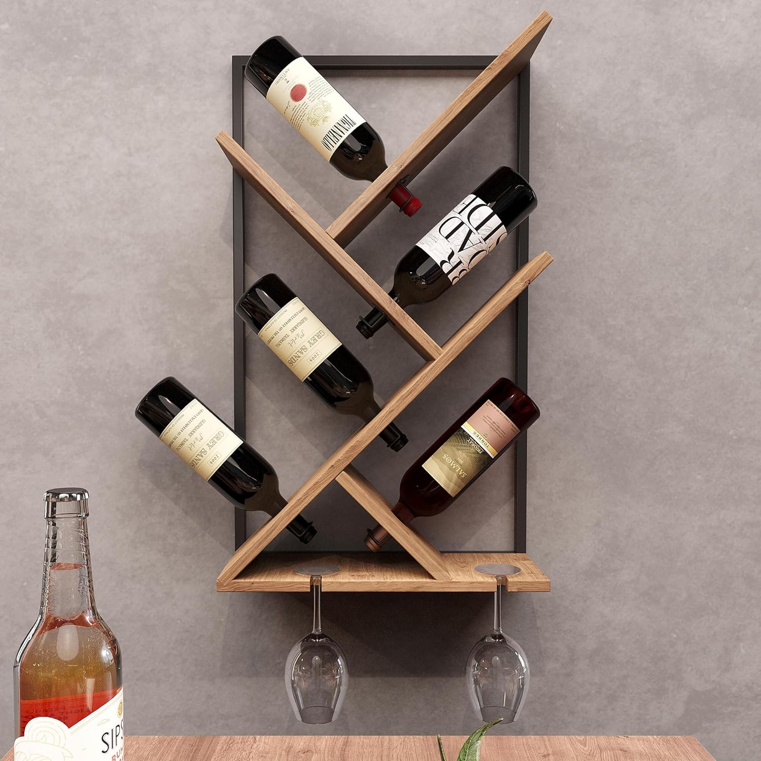 Wall-Mounted Wine Rack for Bottles and Glasses, Elegant Space Efficient Storage and Display, Easy Installation