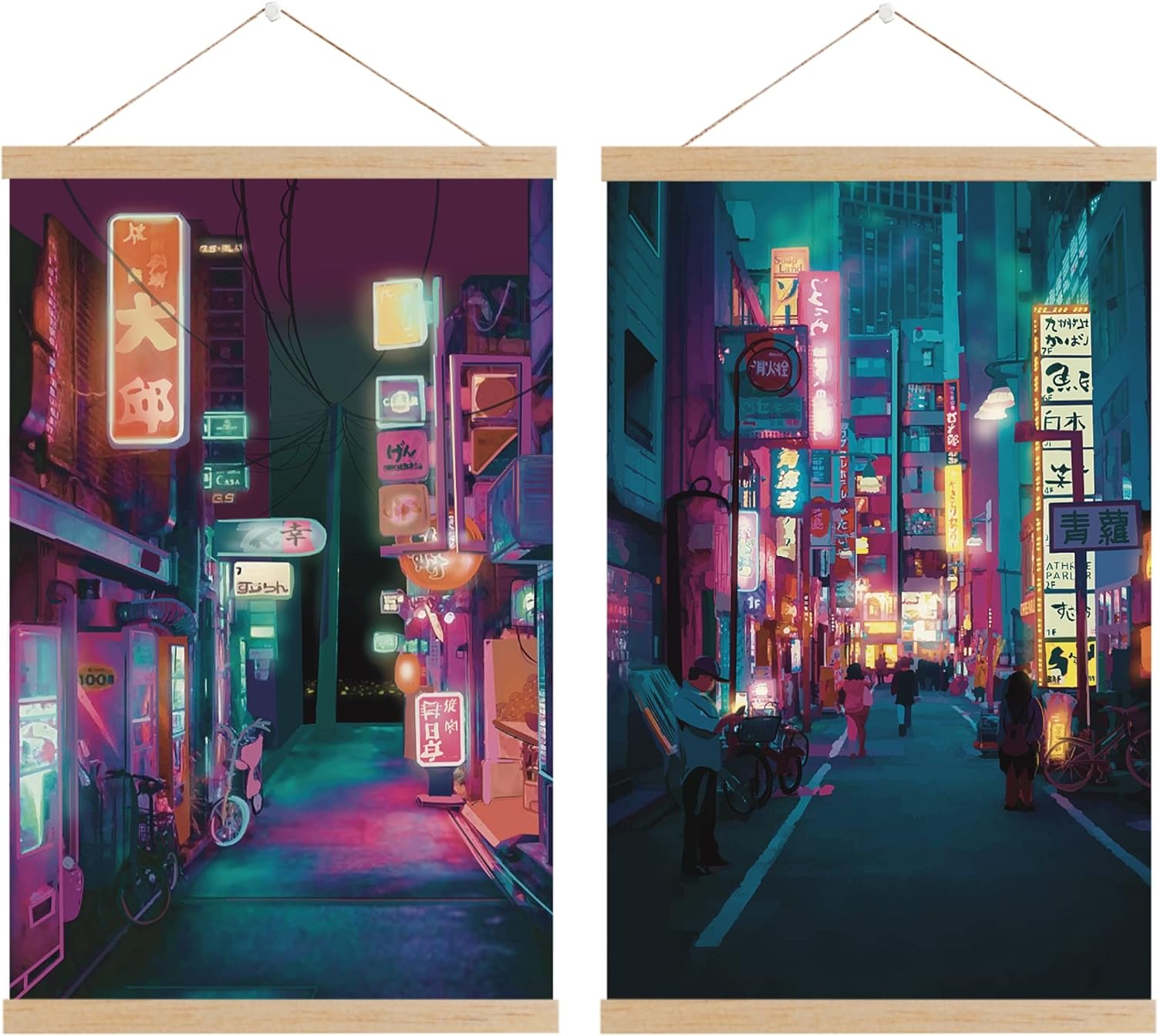 Japan Art Poster Frame Hanger Set of 2 - Japanese Print Artwork on Canvas Roll - Tokyo Anime Wall Art Picture Gift - Preppy Night City Wall Decor Poster for Room Aesthetic Bedroom Kitchen Living 12x18