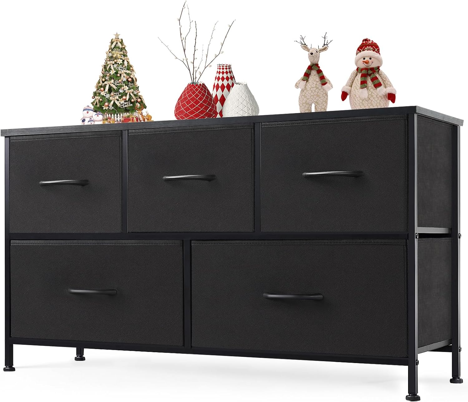 Sweetcrispy Dresser for Bedroom with 5 Drawers, Wide Chest of Drawers, Long Fabric Dresser, Storage Organizer Unit for Closet, Bedroom, Living Room, Hallway, Nursery, Black