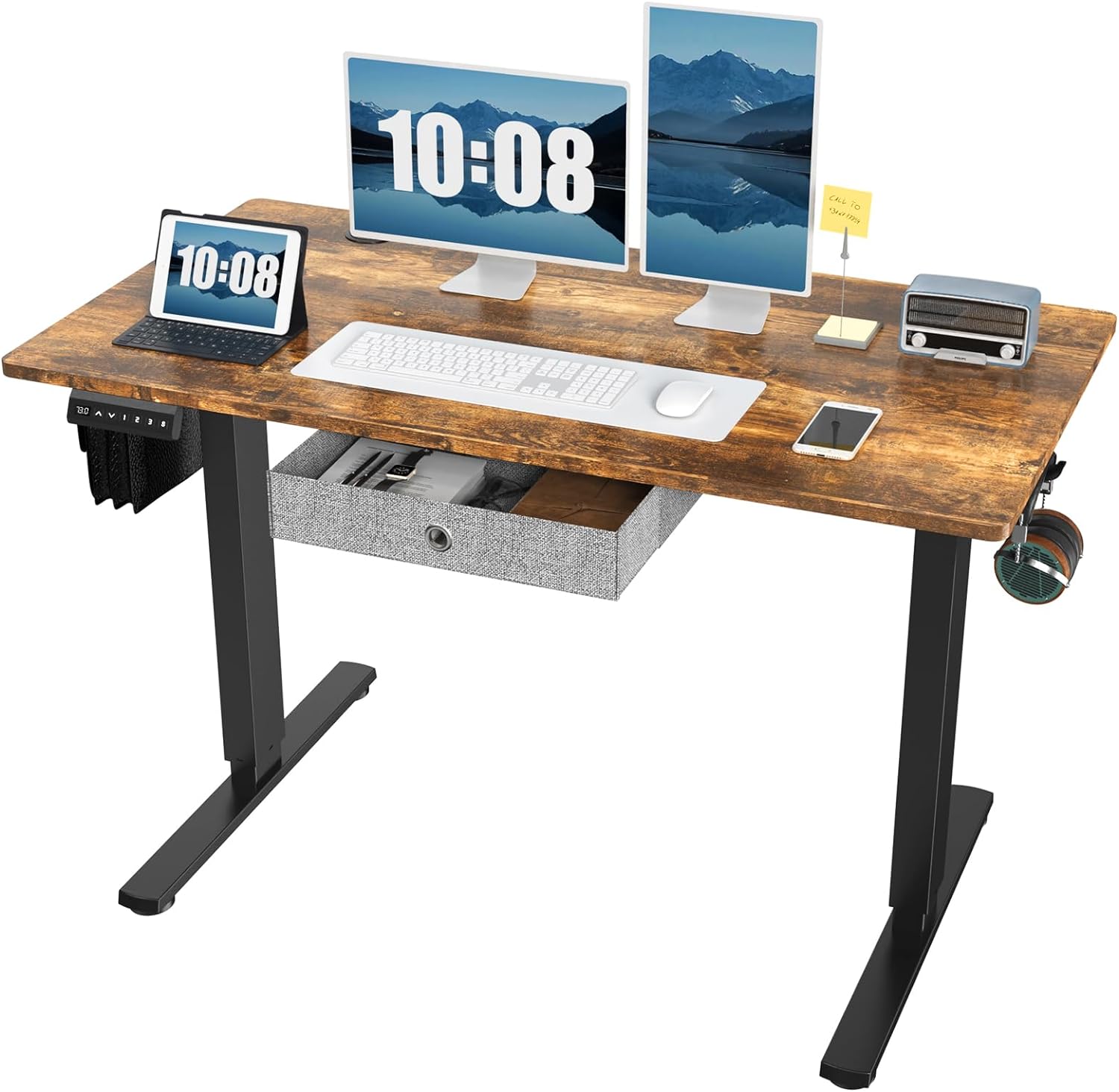 Standing Desk with Drawer, 48 x 24 Inch Home Office Electric Stand Up Desk with Drawer Storage, Height Adjustable Sit Stand Ergonomic Computer Desk with Wire Hole and Hook for Workstation, Study