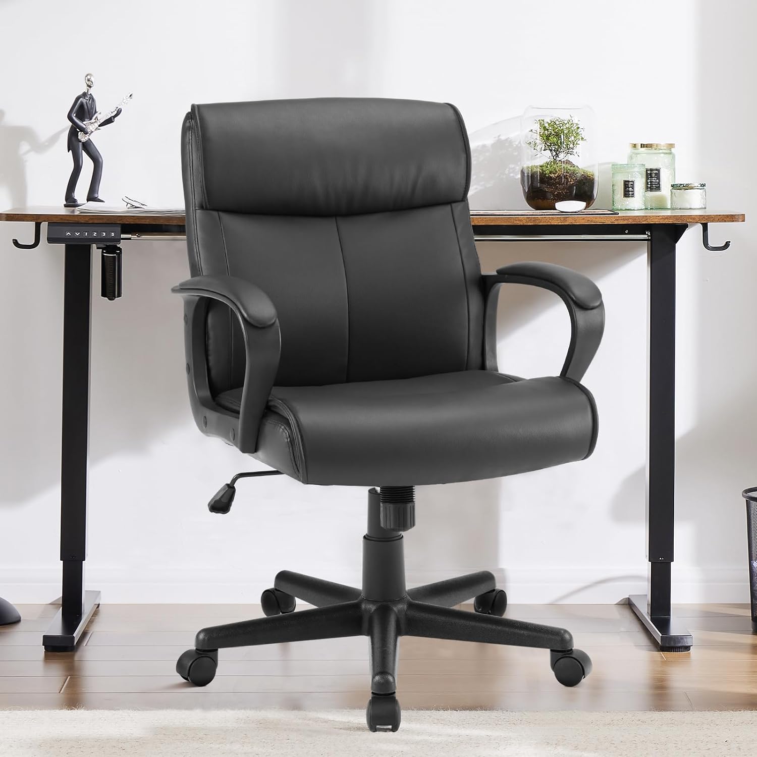 Ergonomic Home Office Desk Chair - Executive Mid Back with Comfy Lumbar Support & Fixed Armrest, PU Leather 360 Swivel Computer Gaming Task with Height Adjustable, Metal Base