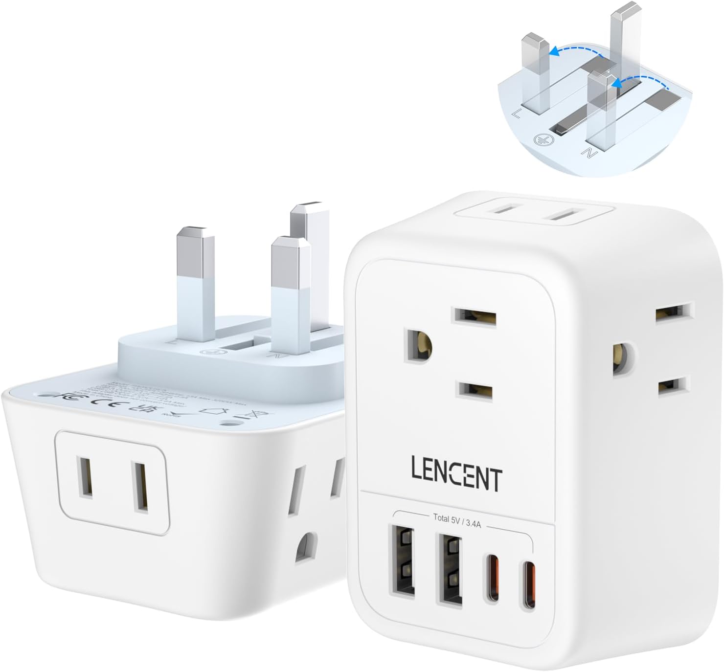 LENCENT US to UK Ireland Travel Plug Adapter,Foldable Grounded Type G Converter with 4 Outlets, 4 USB Charger (2 USB C) Adaptor, USA to Dubai Scotland British London England Hong Kong Irish Qatar