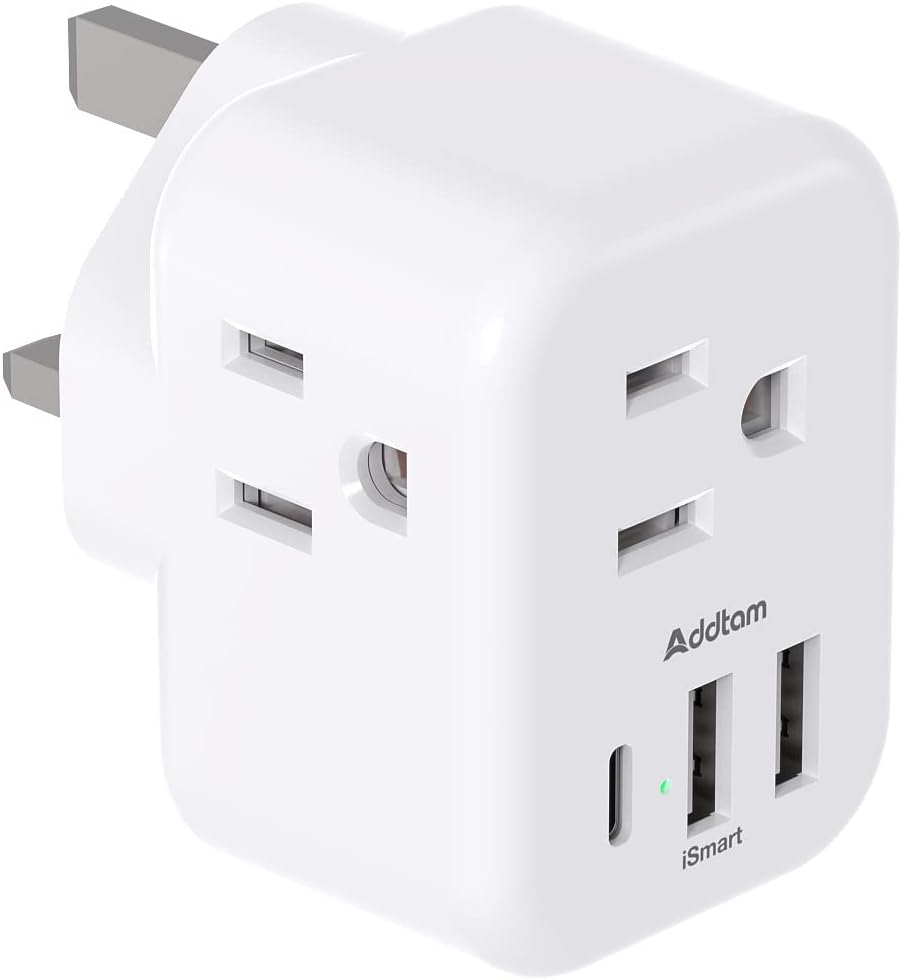 US to UK Ireland Plug Adapter, Addtam Type G Power Adapter with 3 AC Outlets and 3 USB(1 USB C), Travel Essentials for USA to Dubai Scotland British London England Hong Kong Irish