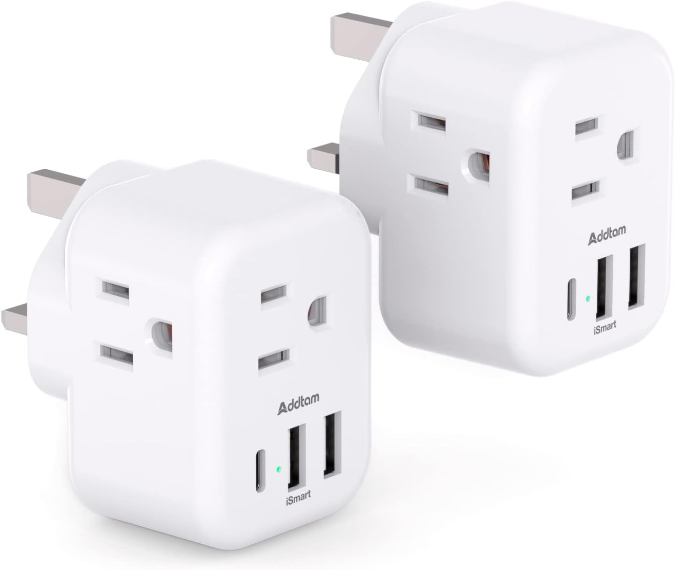 2-Pack US to UK Ireland Travel Plug Adapter, Addtam Type G Power Outlet Adapter with 3 AC Outlets and 3 USB, Travel Essentials for USA to Dubai Scotland British London England Hong Kong Irish