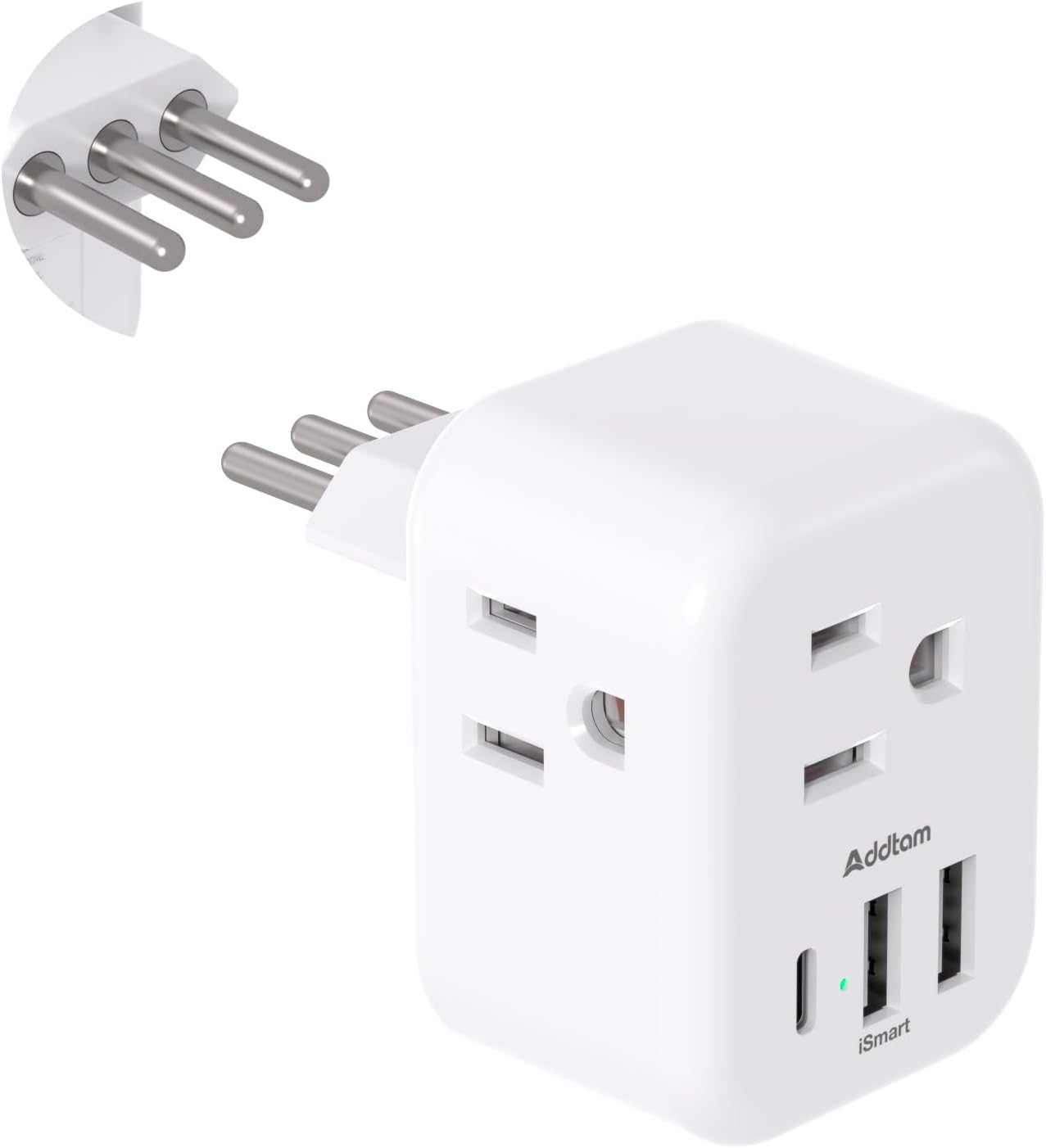 Addtam Italy Travel Power Adapter, 3 Prong Grounded Plug with 3 USB Charging Ports(1 USB C Ports), Type L Outlet Adaptor Charger for USA to Italy Uruguay Chile Italian