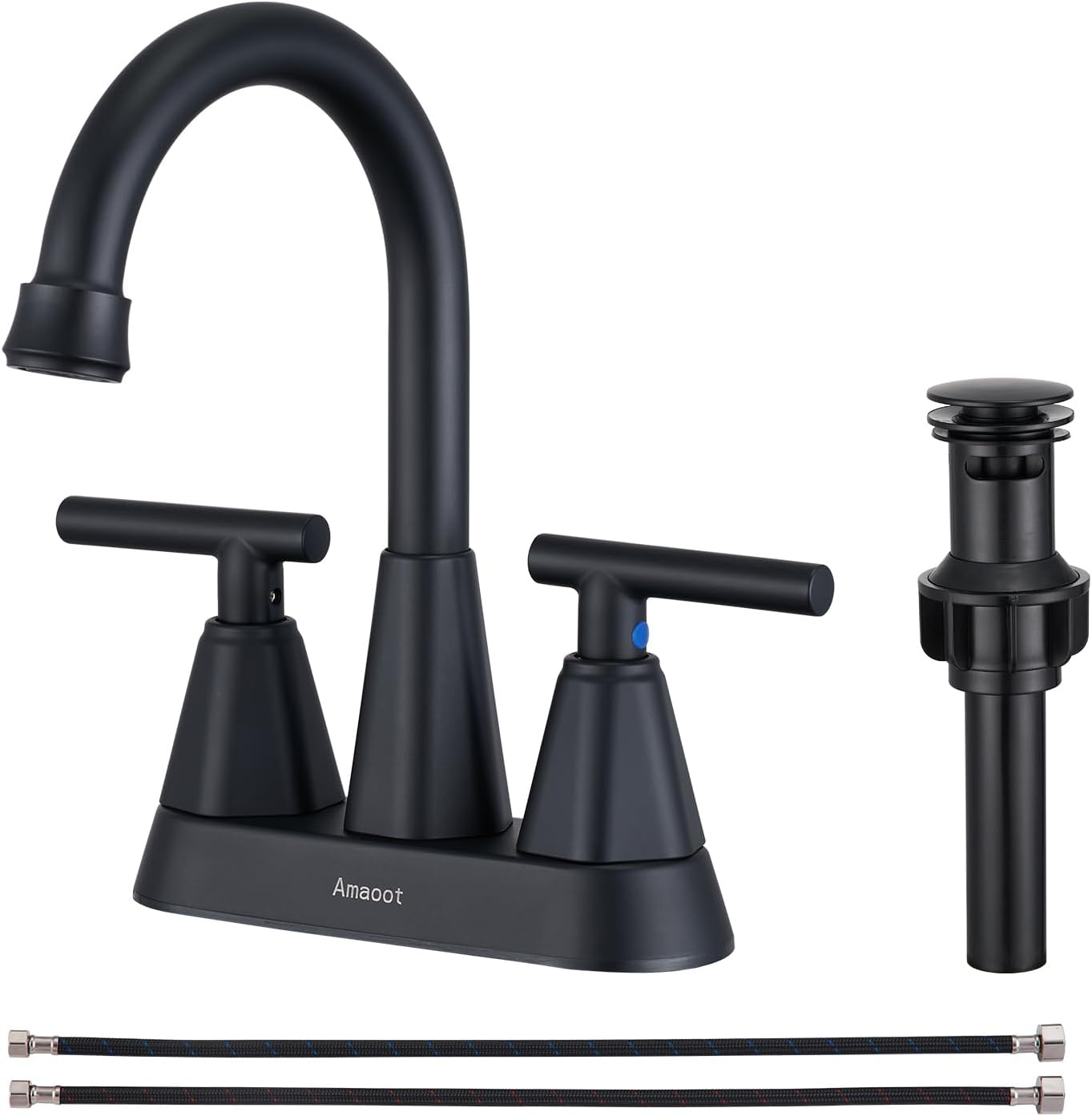 Bathroom Sink Faucet, Matte Black 4 Inch Bathroom Faucets for Sink 3 Hole with Pop Up Drain and Water Supply Lines, 360 Swivel Spout 2 Handle Faucet for Bathroom Sink