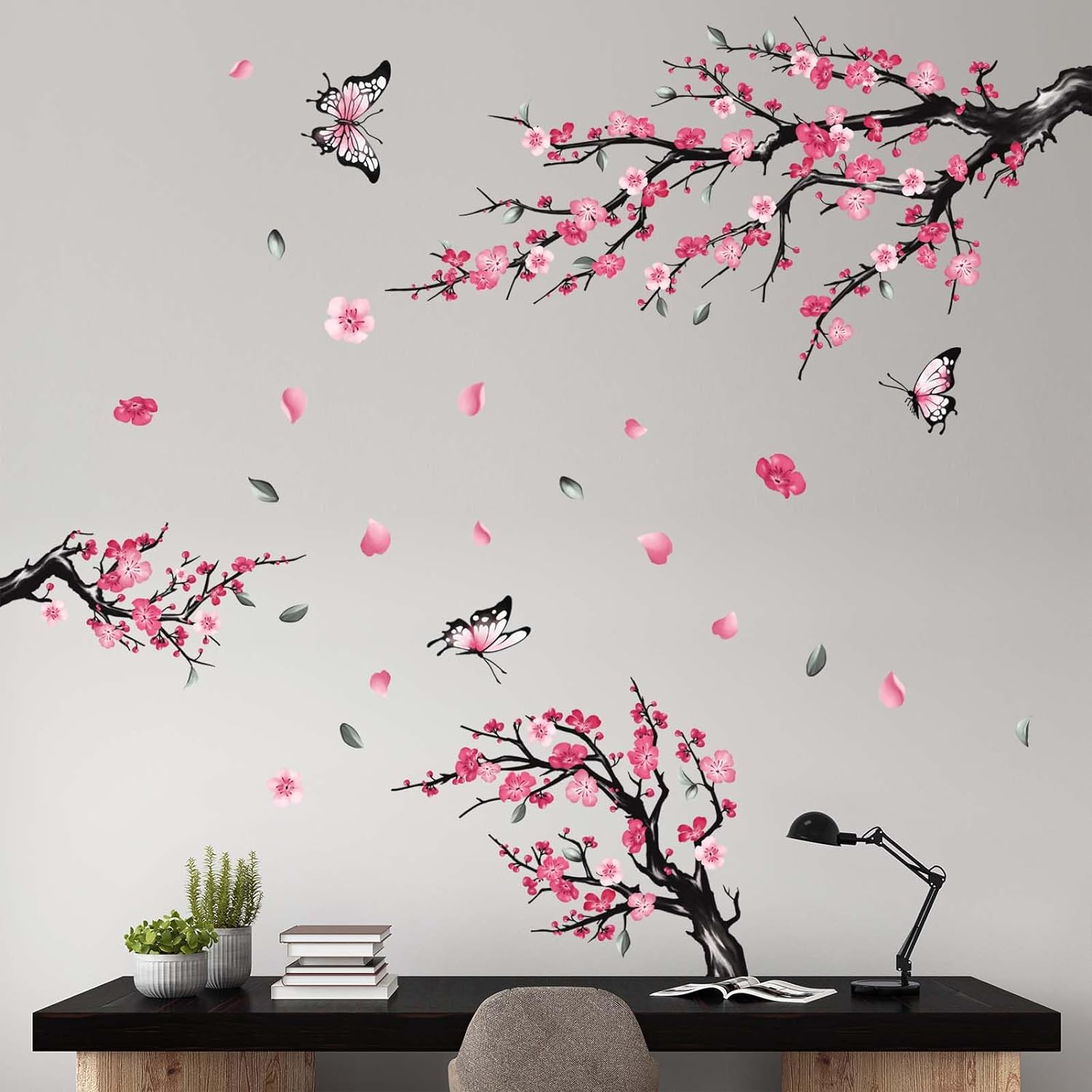 Pink Watercolor Cherry Blossom Flower Wall Stickers - Tree Branch Birds Floral Cherry Blossom Wall Decals - Living Room Bedroom TV Sofa Background Family Wall Decor