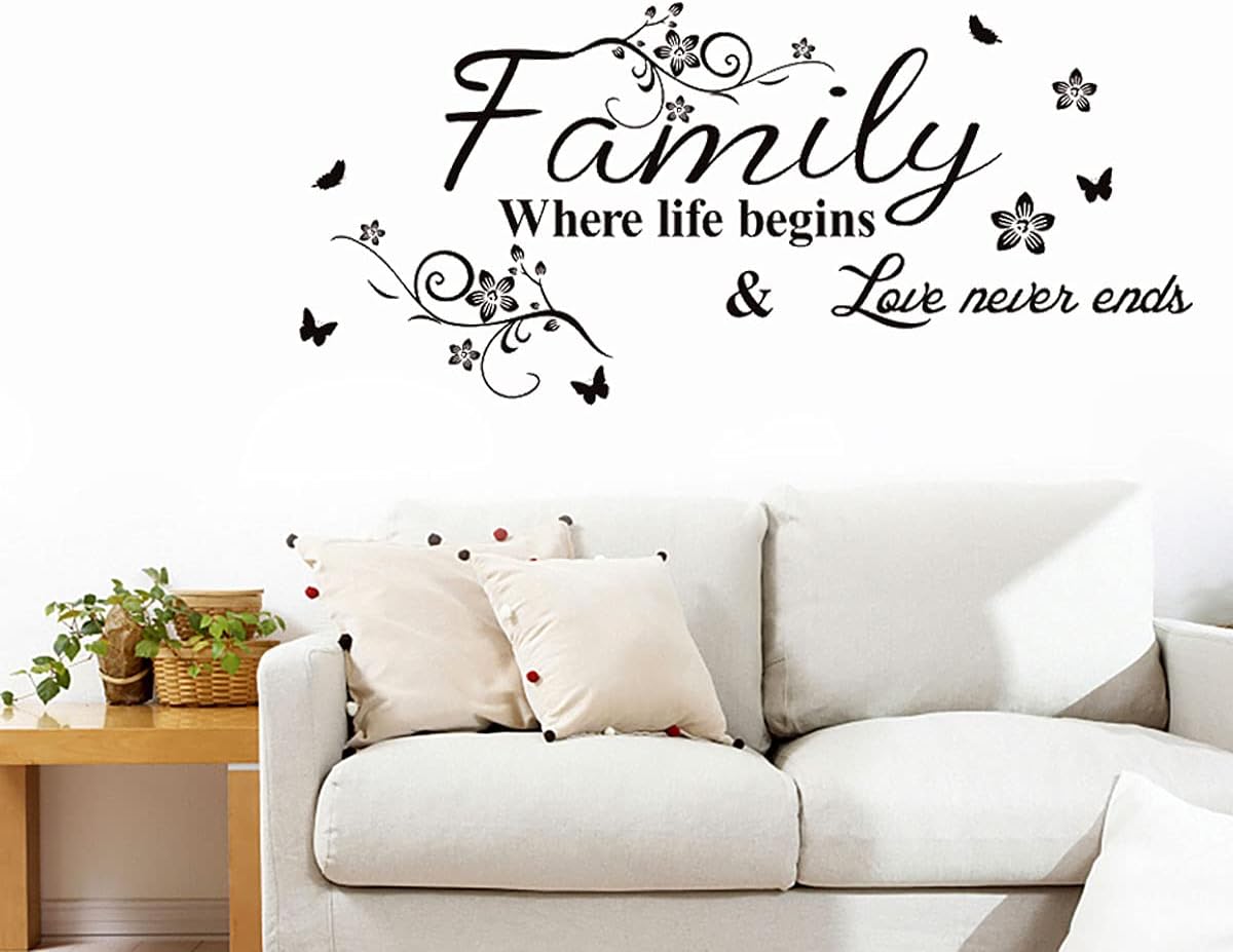 Inspirational Love Quotes Wall Decals, Family Where Life Begins Butterflies Flowers Wall Sticker for Living Room,Family Love Motivational Words Wallpaper Mural for Home.