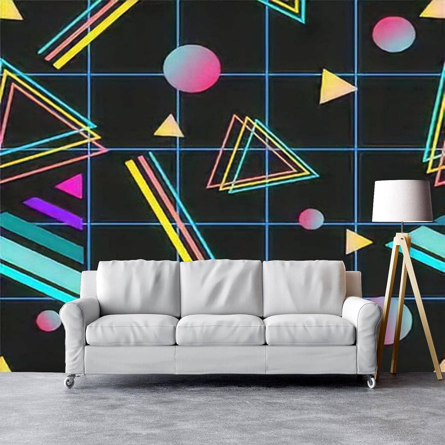 Self Adhesive Peel and Stick Wallpaper PVC Print Wall Mural Vaporwave Seamless 80' Style with Geometric Shapes Colorful with Home Removable Wall Decal for Living Room Poster Sticker