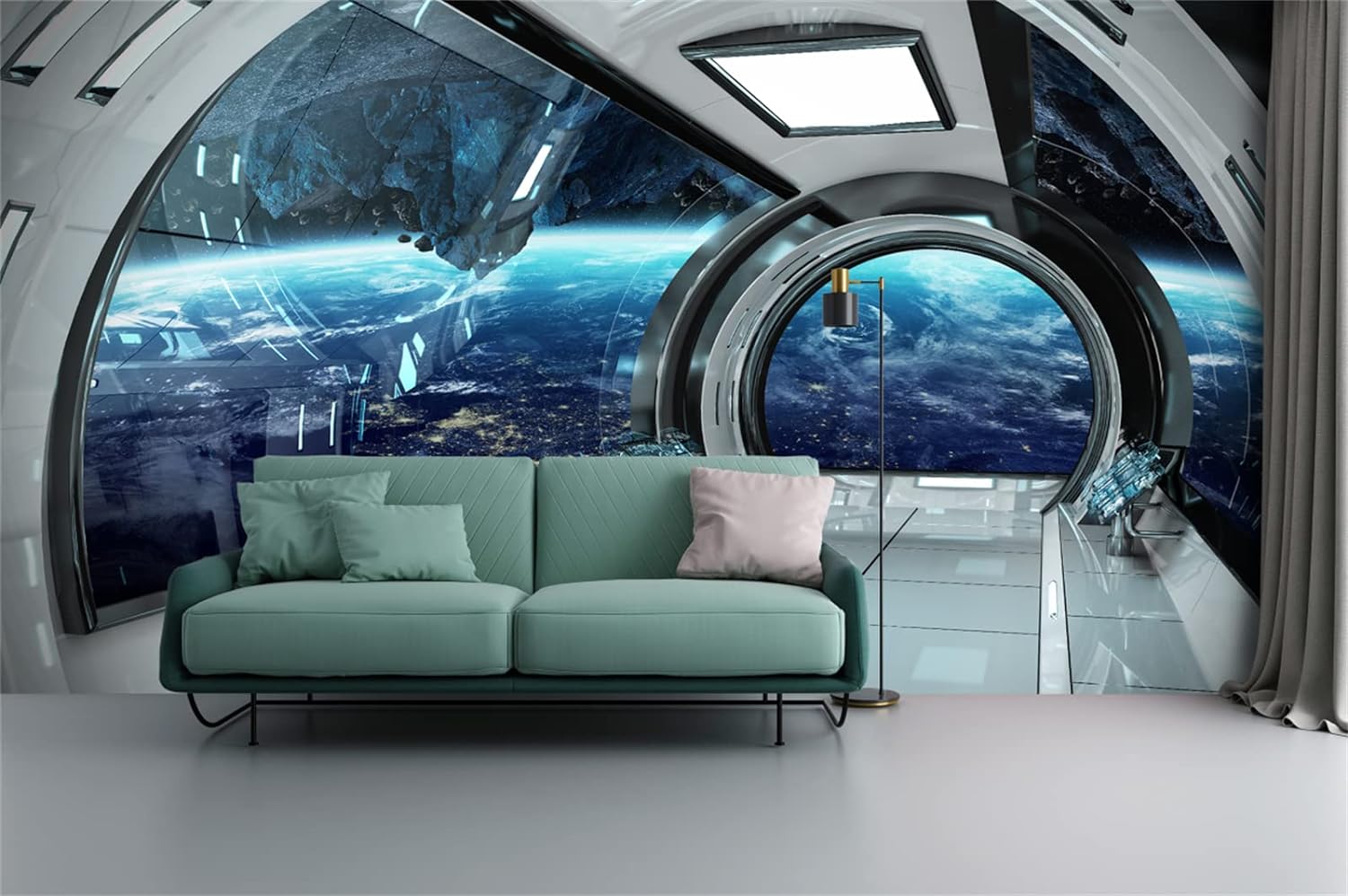 FLFK 3D Futuristic Spaceship Interior View Self-Adhesive Wallpaper Wall Murals for Kids Bedroom Living Room Decor 141.7x98.4