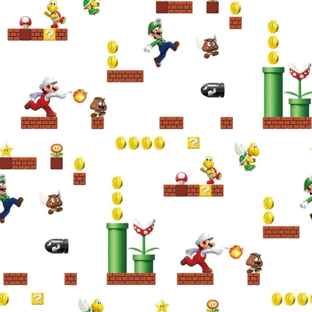 RoomMates RMK11189RL New Super Mario Bros. White Peel and Stick Wallpaper, Red, Blue, green