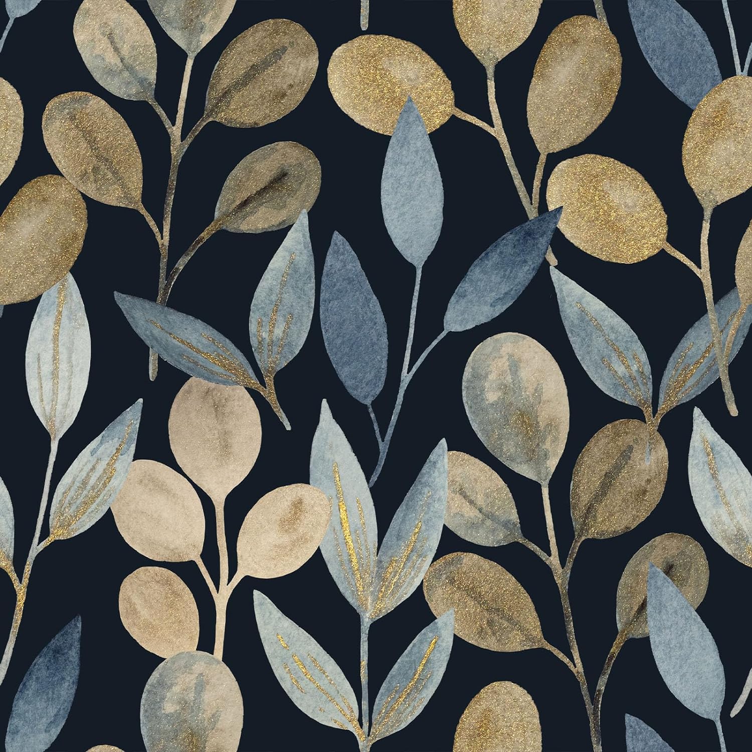 Gold Leaf Vintage Wallpaper Peel and Stick Wallpaper Black Contact Paper Removable Vinyl Floral Boho Watercolor Retro Wall Paper Renter Friendly for Bedroom Wall Mural 17.7in x 6.6ft