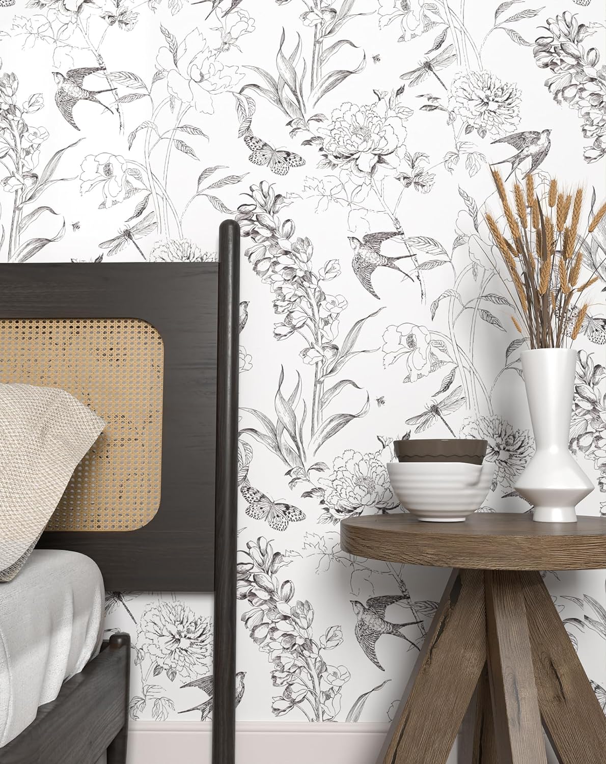 Vintage Floral Wallpaper Peel and Stick Leaf Wallpaper Boho Flower Contact Paper for Cabinets Self Adhesive Removable Wallpaper for Bedroom Decorative Mural Waterproof Black and White 17.7''78.8''