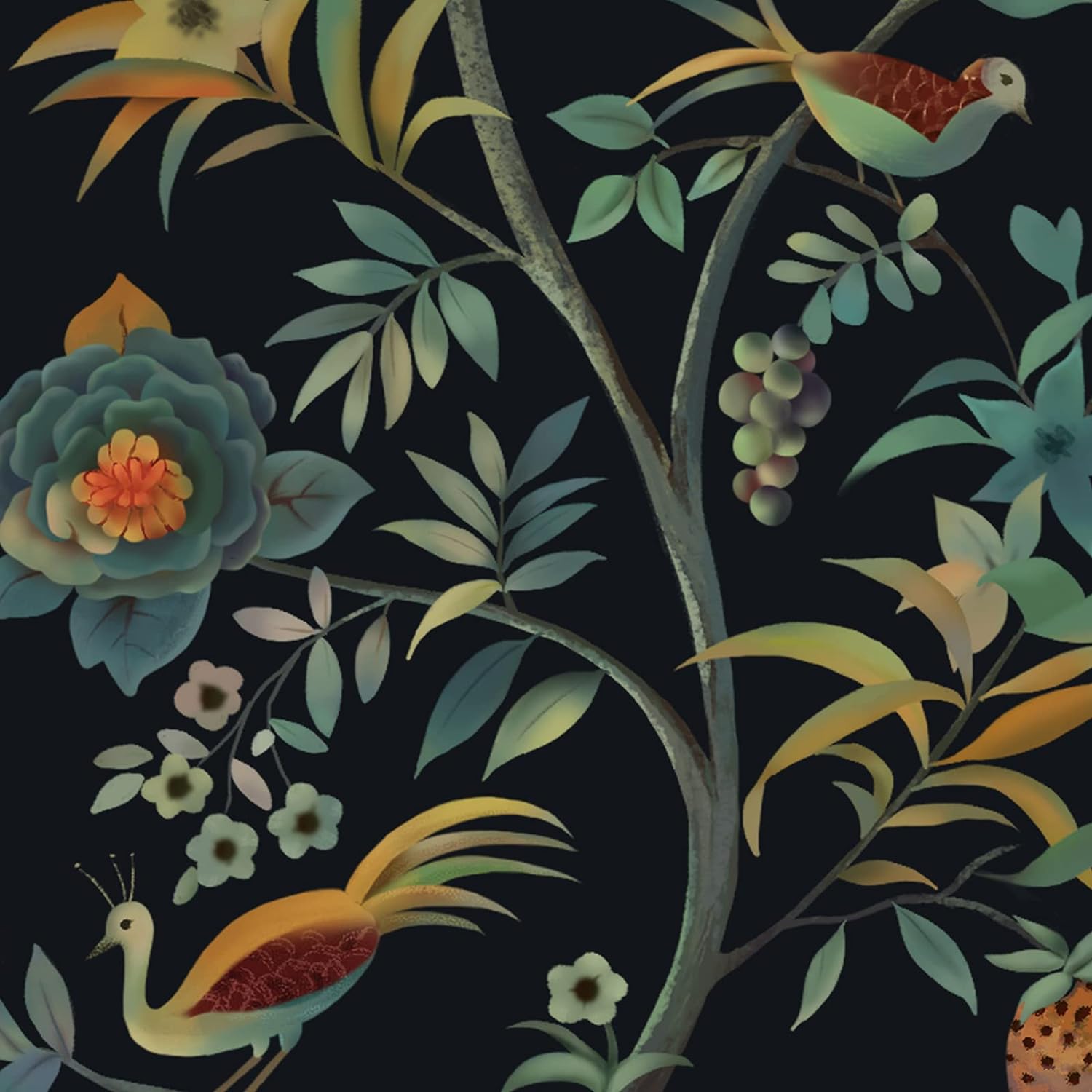 Peel and Stick Wallpaper Black Floral Wallpaper Vintage Flower Bird Tree Contact Paper Self Adhesive Removable Wallpaper Room Decorative for Wall Vinyl Roll 16.1''x393.7''