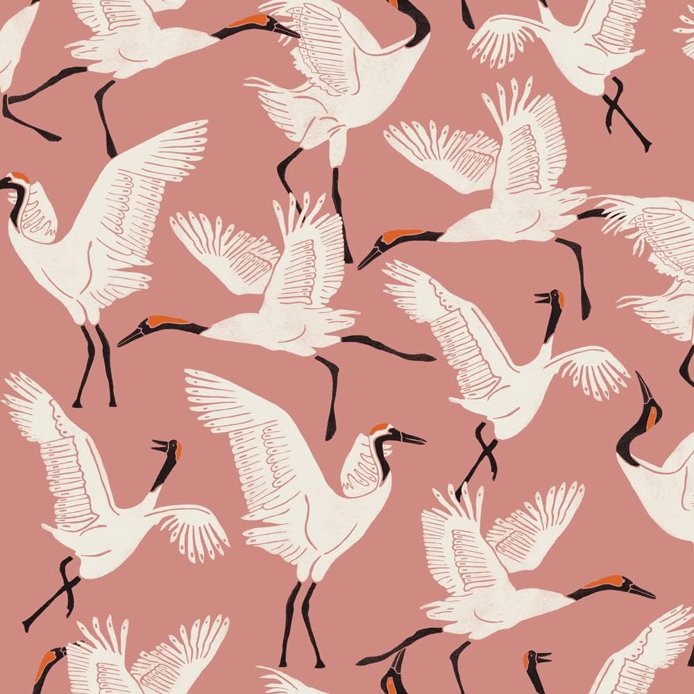 Tempaper x Novogratz Dusty Rose Family of Cranes Removable Peel and Stick Wallpaper, 20.5 in X 16.5 ft, Made in The USA